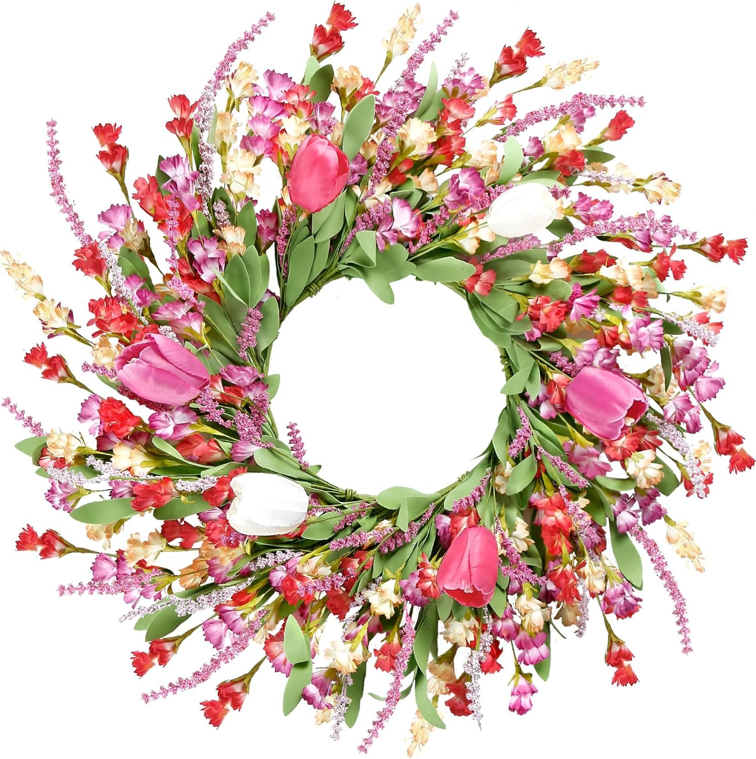 Sggvecsy Spring Summer Wreath for Front Door 22 Inch Artificial Colorful Flower Wreath with Colorful Tulips Greenery Leaves Lavender for All Seasons Home Farmhouse Indoor Outdoor Wall Decor (Mixed)