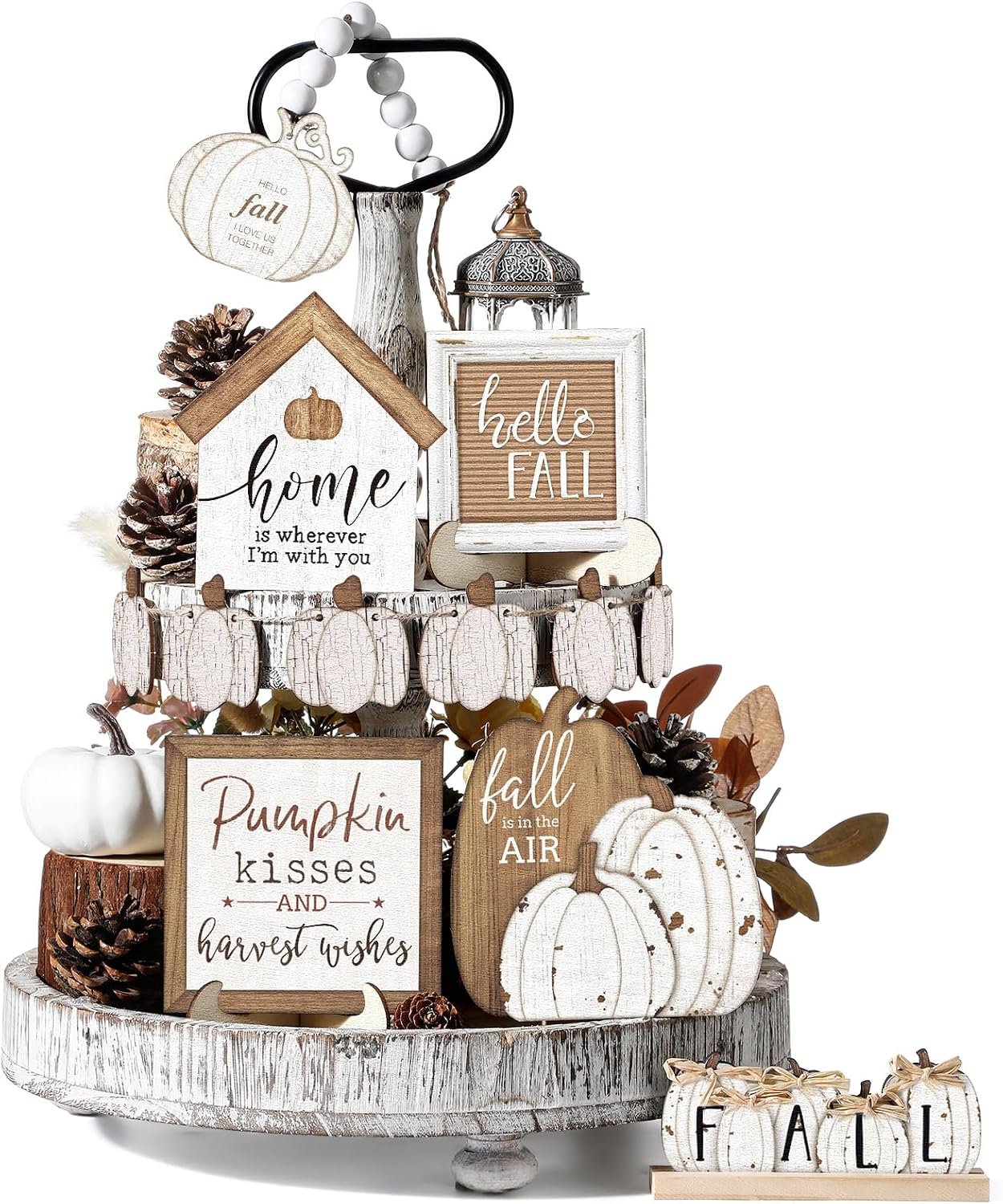 Reallnaive 18 Pcs Fall Thanksgiving Tiered Tray Decor Set Pumpkin Wood Sign Hello Fall Rustic Farmhouse Tray Decoration Tabletop Sign for Autumn Home Kitchen Festival (Neutral)