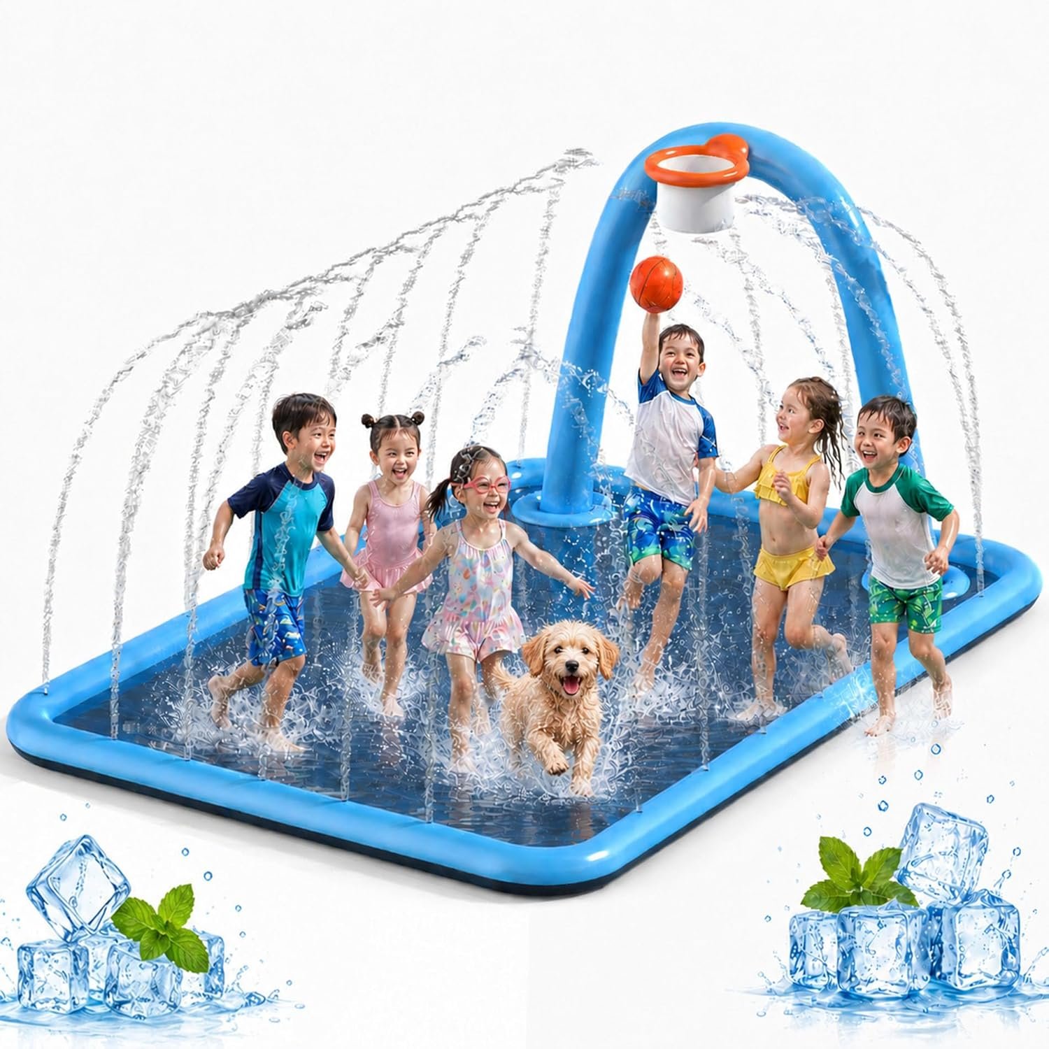 Splash Pad for Kids & Dogs with Basketball Hoop, 110″ Large Extra-Thick Non-Slip Sprinkler Water Play Mat, Outdoor Inflatable Splash Pool Toy for Toddlers Ages 4–8 12, Backyard Water Fun
