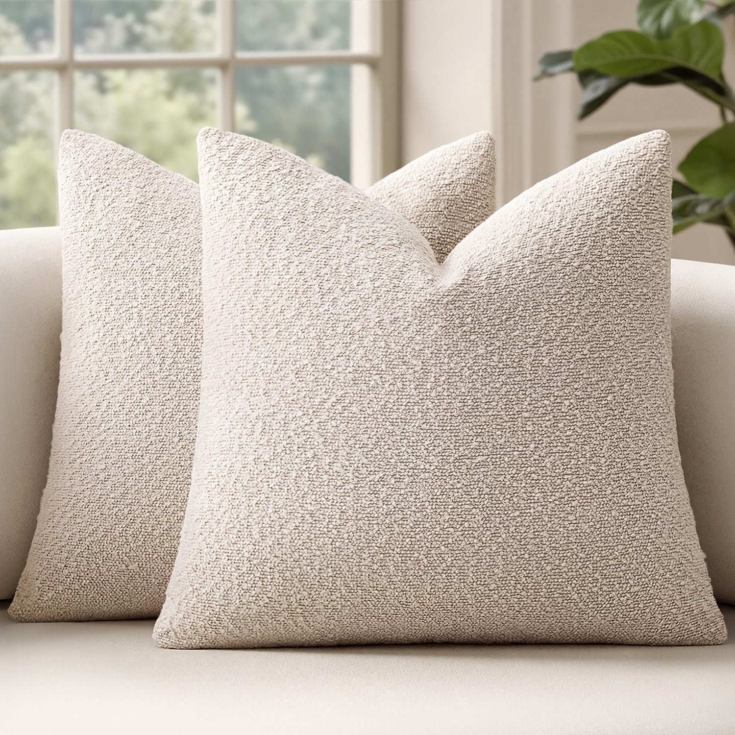 MIULEE 22×22 Inch Decorative Euro Sham Pillow Covers for Couch Bed Set of 2 Textured Boucle Neutral Throw Pillow Covers Natural Beige Ivory Accent Solid Pillowcase Sofa Living Room Home Decor