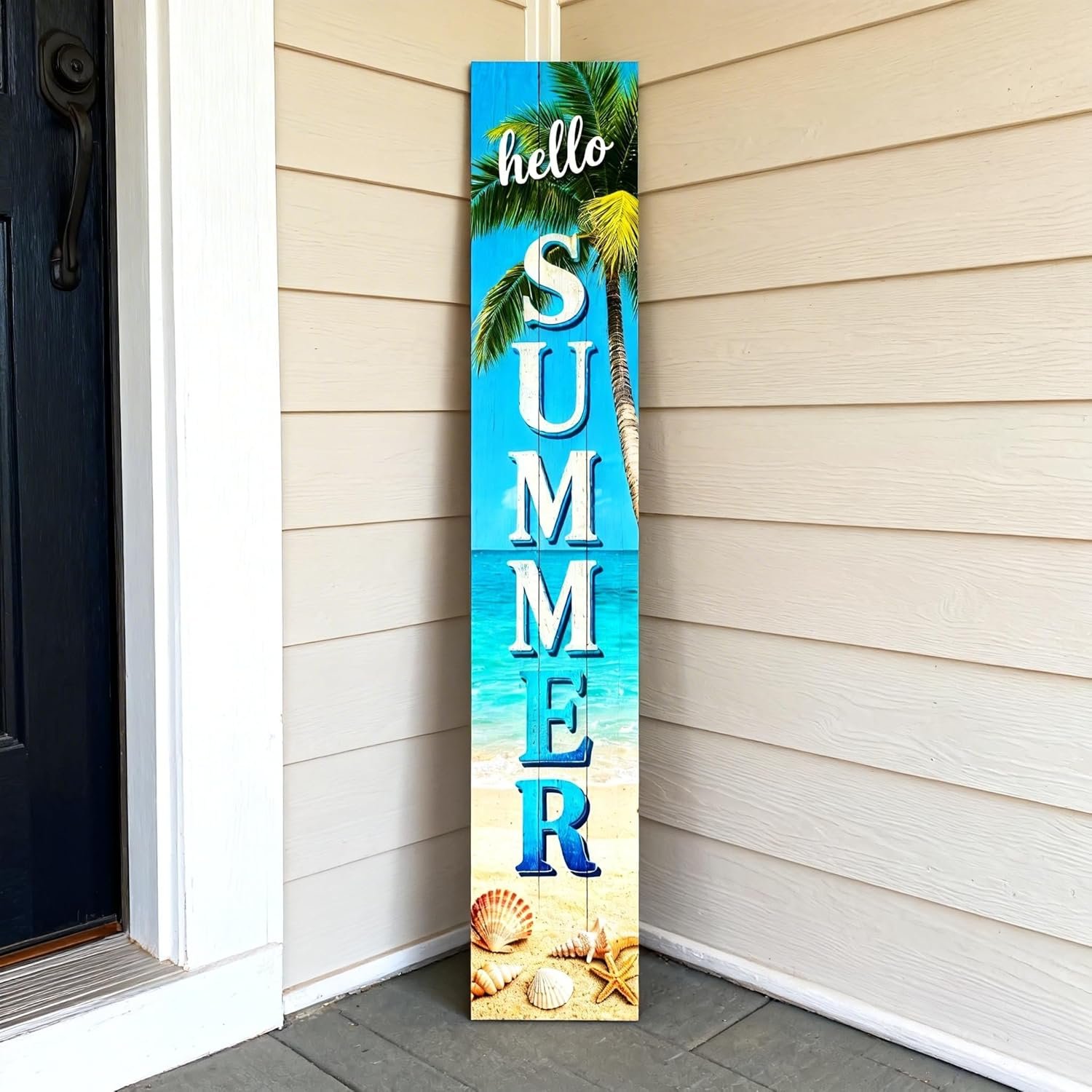 Vertical Wooden Hello Summer Porch Sign,Rustic Summer Porch Standing Sign,Beach Style Decorative Plaques for Front Porch,Farmhouse Outdoor Welcome Decoration-47.2″H.