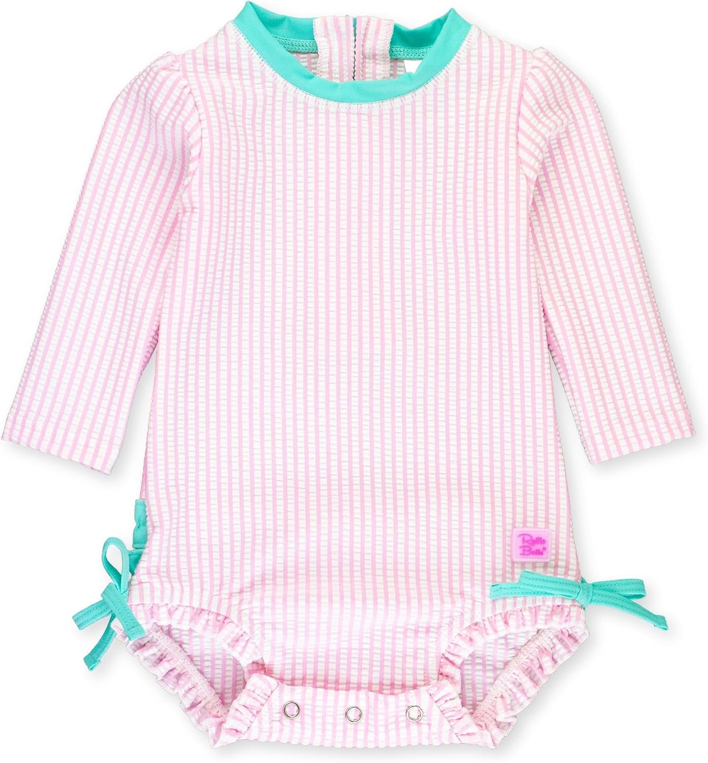 RuffleButts Baby-Girls Seersucker Long Sleeve Rash Guard – One Piece Swimsuit UPF 50+ Toddler