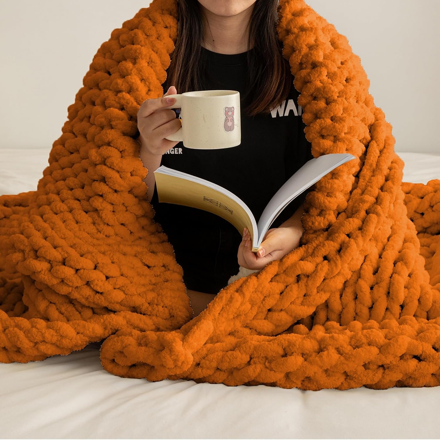 ATMOSURELY Ultra Soft Burnt Orange Chunky Knit Throw Blanket Cozy Fluffy Chenille Yarn Handmade Cable Knit Crochet Blanket for Bed Sofa Couch 50×60 Inches (Burnt Orange, 50″x60″)