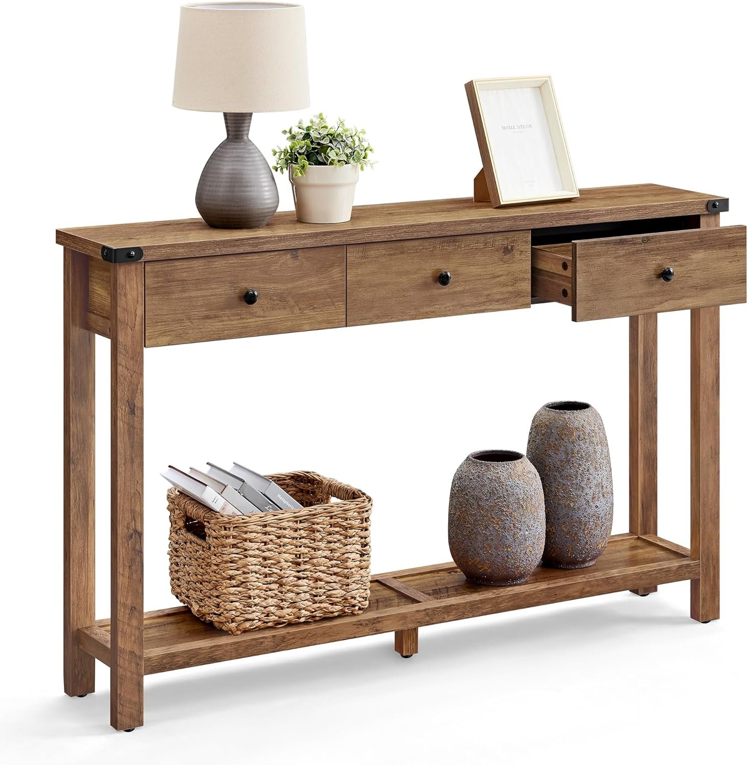 VASAGLE LIRY Collection – Console Sofa Table, Narrow Entryway Table with 3 Drawers, Open Storage Shelf, Metal Corners, for Living Room, Farmhouse Style, Honey Brown ULNT142KB02S