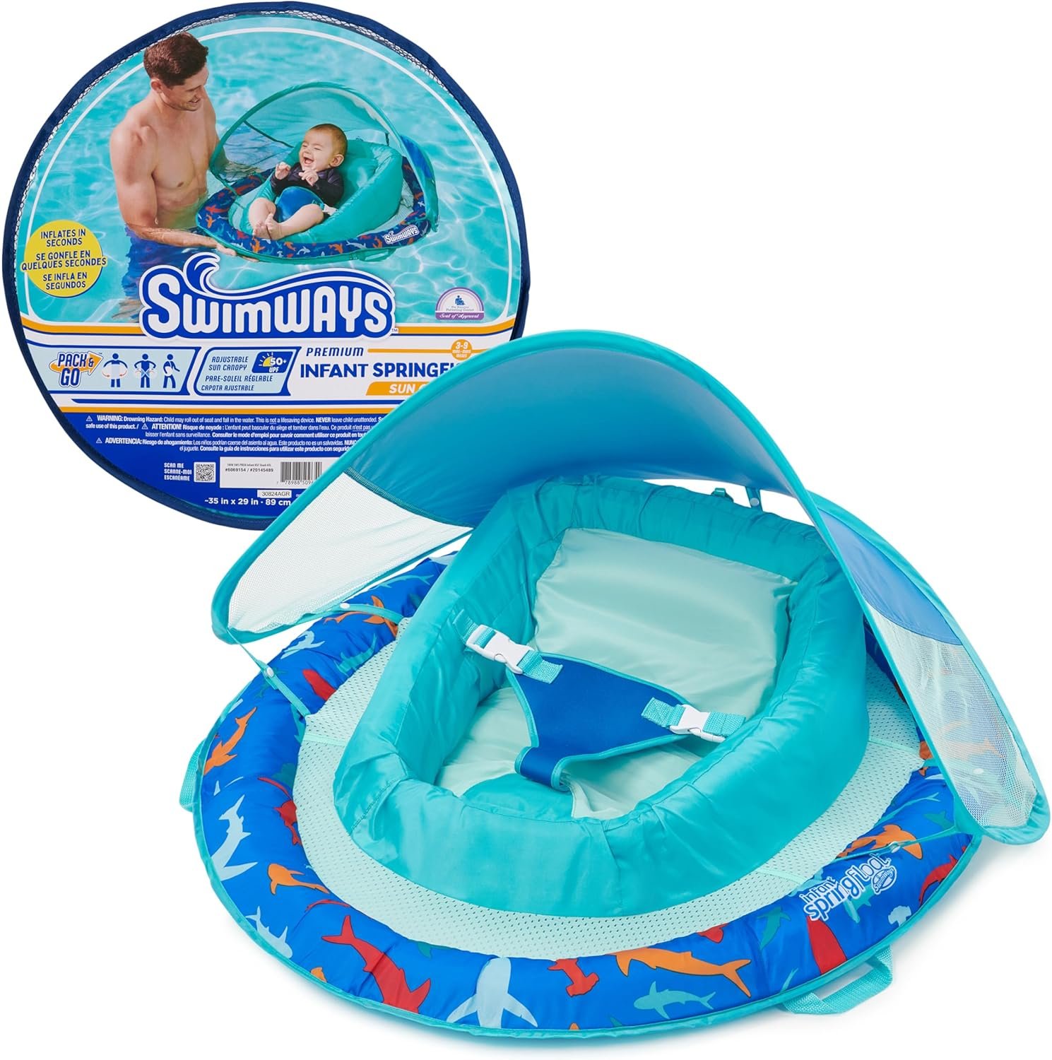 SwimWays Infant Spring Float, Baby Pool Float with Canopy, Swimming Pool Accessories for Kids 3-9 Months, Shark