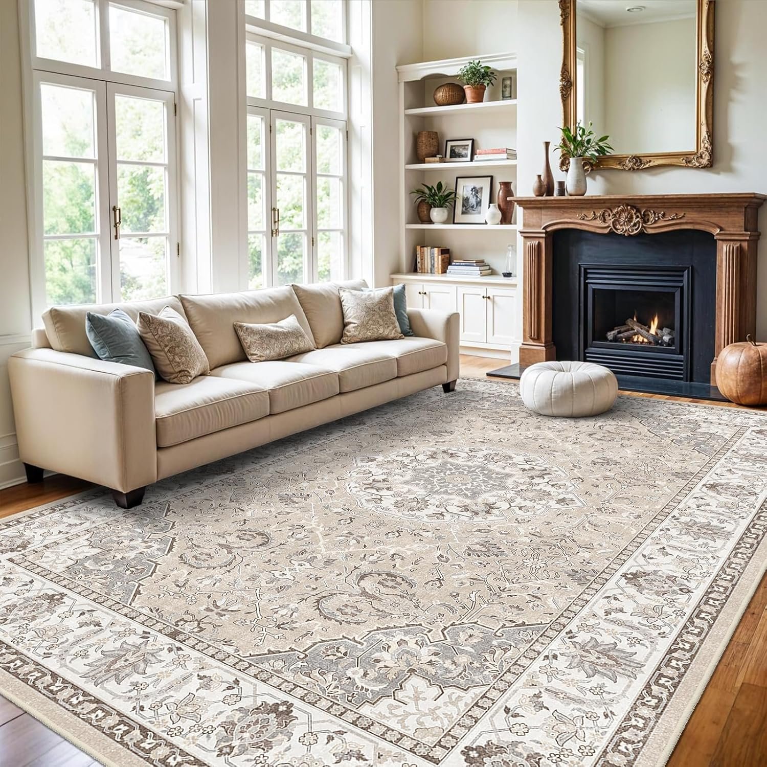 Washable Large 9×12 Area Rug – Living Room Oriental Non Slip Soft Rugs Indoor Low Pile Stain Resistant Carpet for Bedroom Dining Room Farmhouse Distressed Thin Home Decor Floor Mat (9×12 Beige)