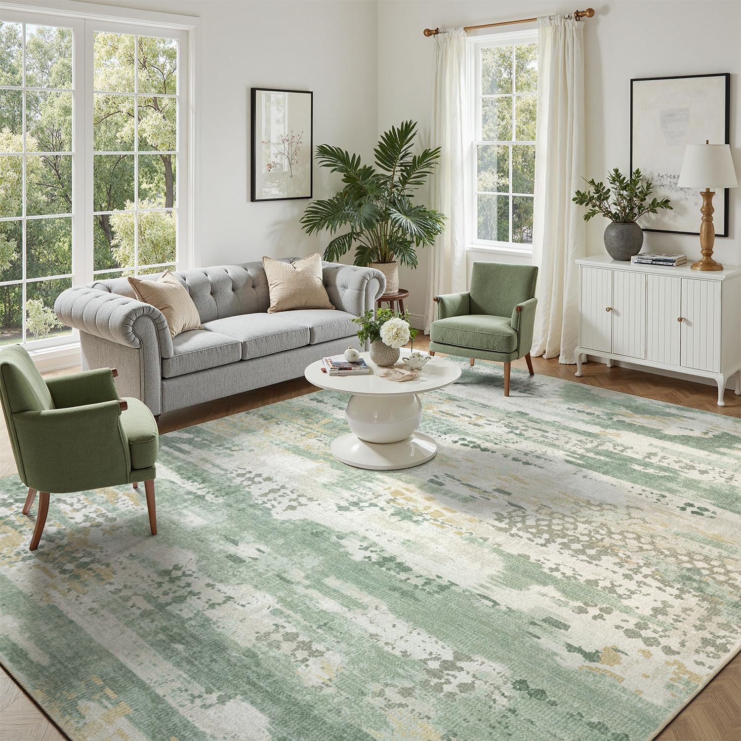 DCX Abstract Area Rug 5×7, Washable Sage Green Modern Rug for Living Room, Kid & Pet Friendly with Rubber Back Non Slip, Soft Low Pile Carpet, Stain Resistant Rug for Bedroom, Office, Dining Room