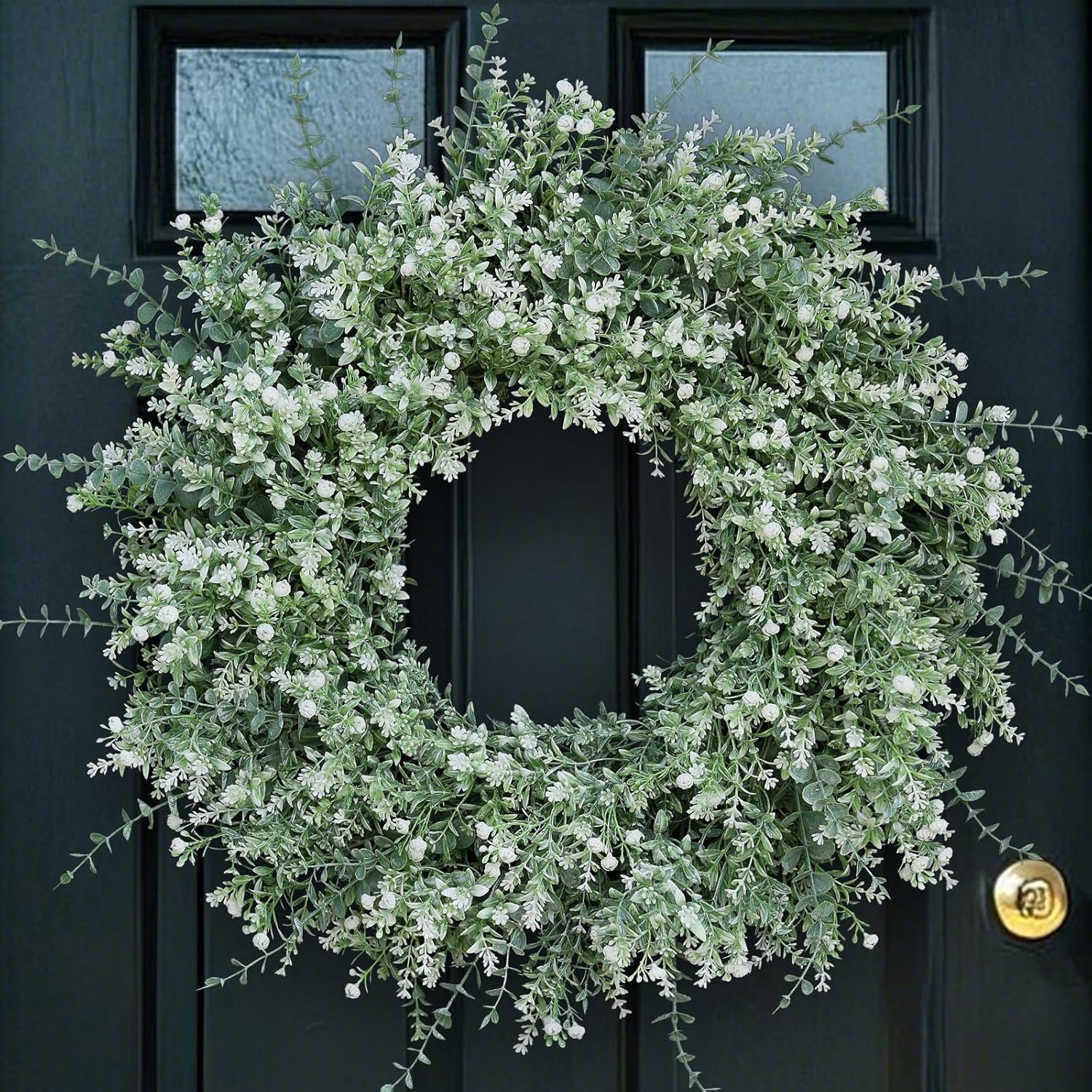 26” Large Eucalyptus Wreath for Front Door, Porch- Artificial Eucalyptus and Lavender with Babys Breath Flowers Wreath for Home, Farmhouse Wall Decor- Spring, Summer, Fall, All Seasons (White-Green)