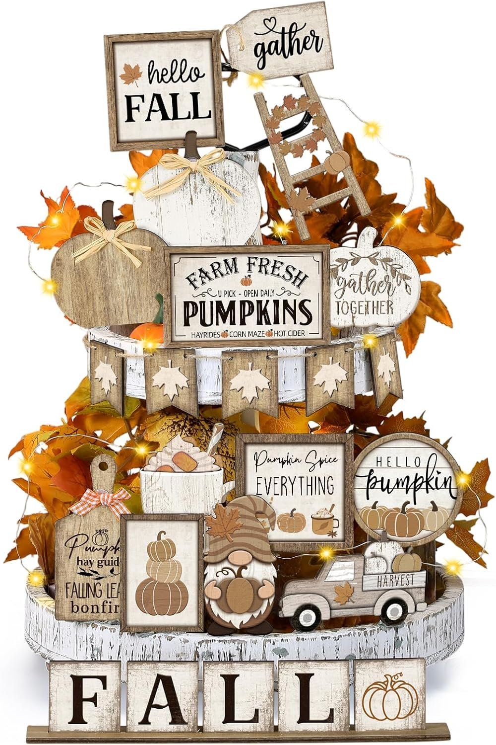 DoubleFill 24 Pcs Fall Tiered Tray Decoration Set Thanksgiving Table Sign Pumpkins Farmhouse Decor Gnome Maple Leaves Decorative Trays Harvest Wood Blocks Signs Block Tabletop for Autumn