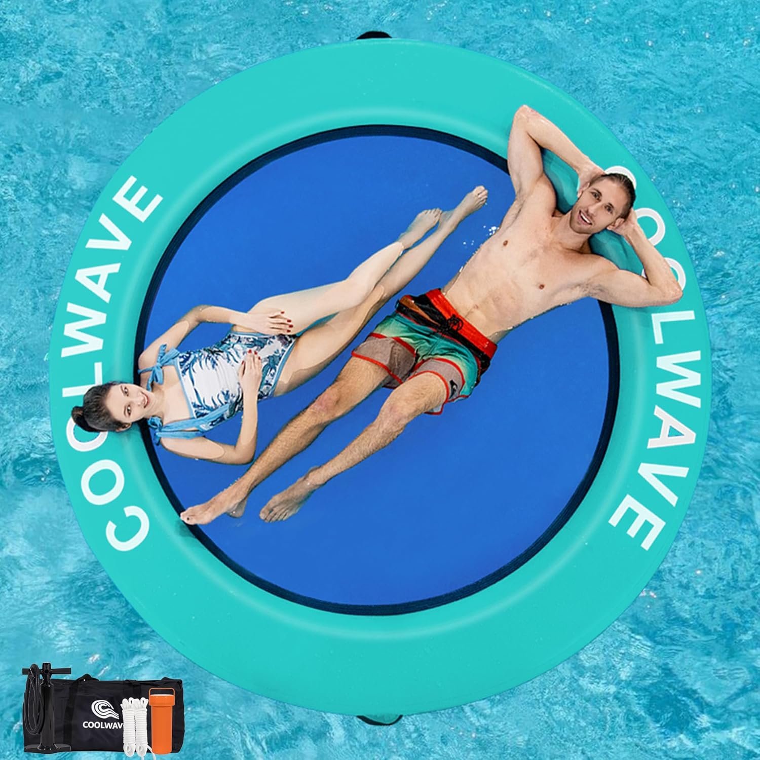 COOLWAVE Inflatable Water Hammock Floating Dock, Inflatable Raft for Family and Friends, Round Floating Ring for Parties, Water Float with Cup Holders for Pool and Lake