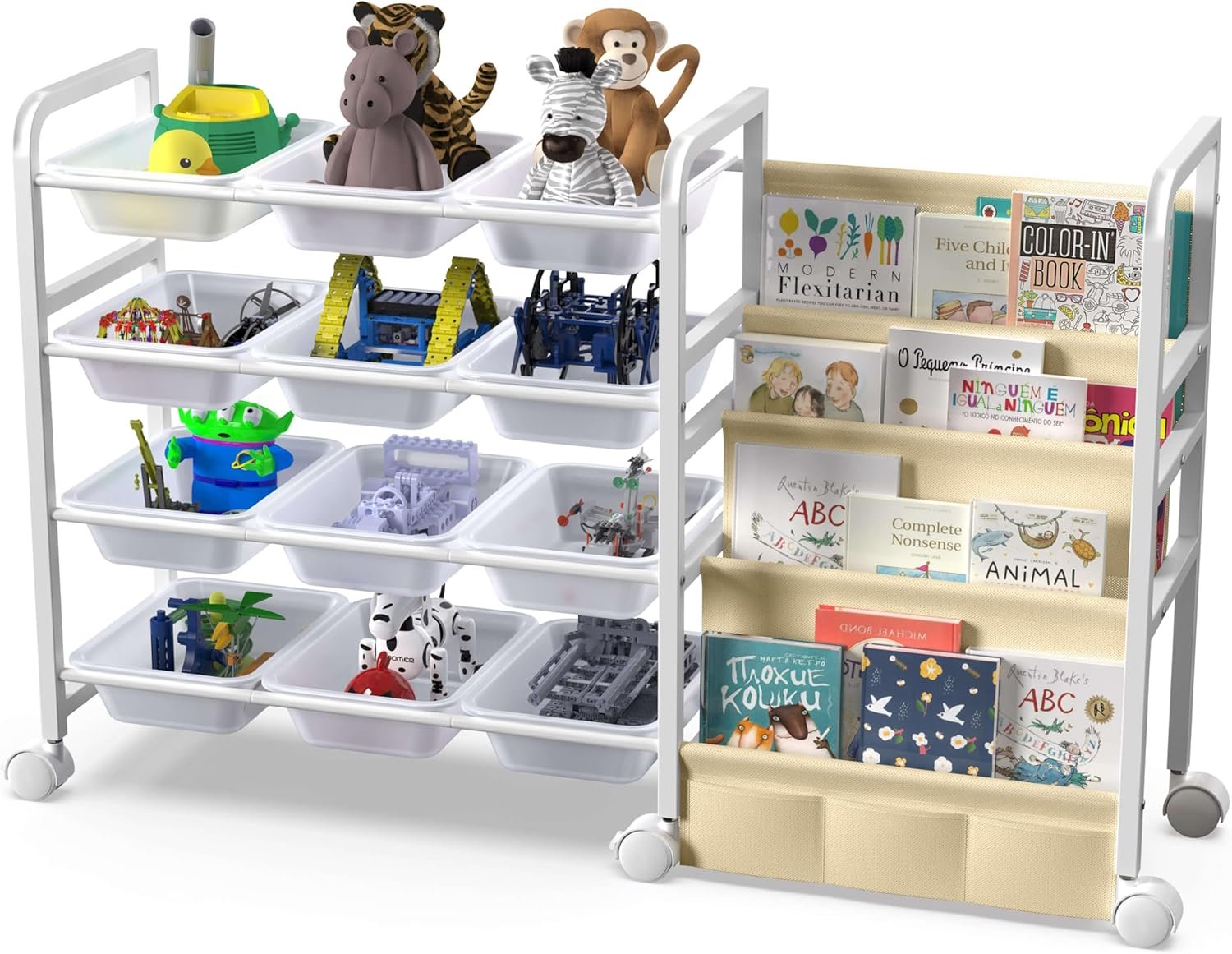 Kids Toy Storage Organizer with Bookshelf & Fabric Book Sling, 12 Bins, Rolling Wheels, Metal Frame Toy Bin Shelf, Toy Box Organizer for Playroom Bedroom Nursery, White