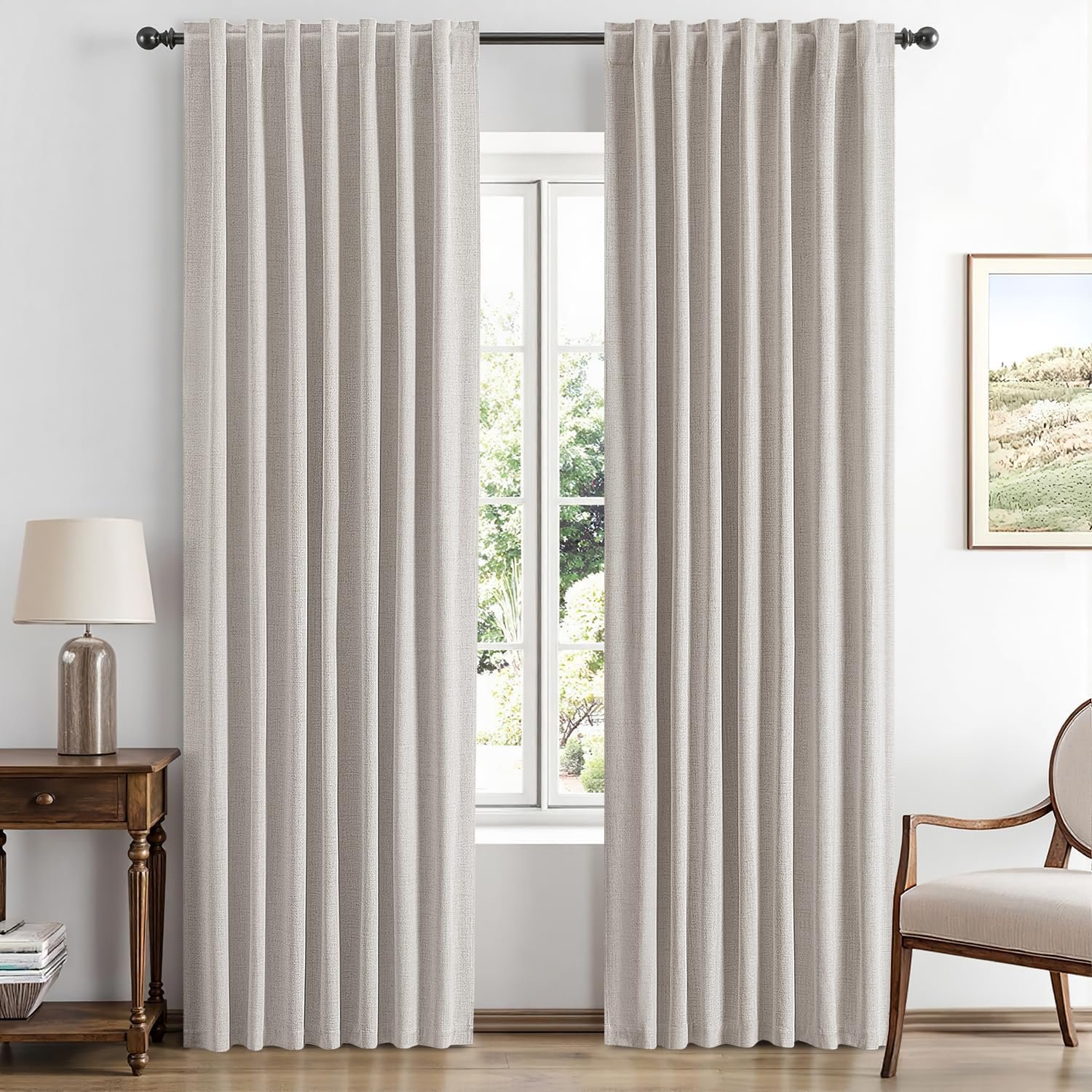 MIULEE 100% Blackout Linen Curtains for Bedroom, Ivory Solid Luxury Decor Thermal Insulation Room Darkening Drapes for Living Room Back Tab Rod Pocket 42 x 84 Inches, 2 Panels