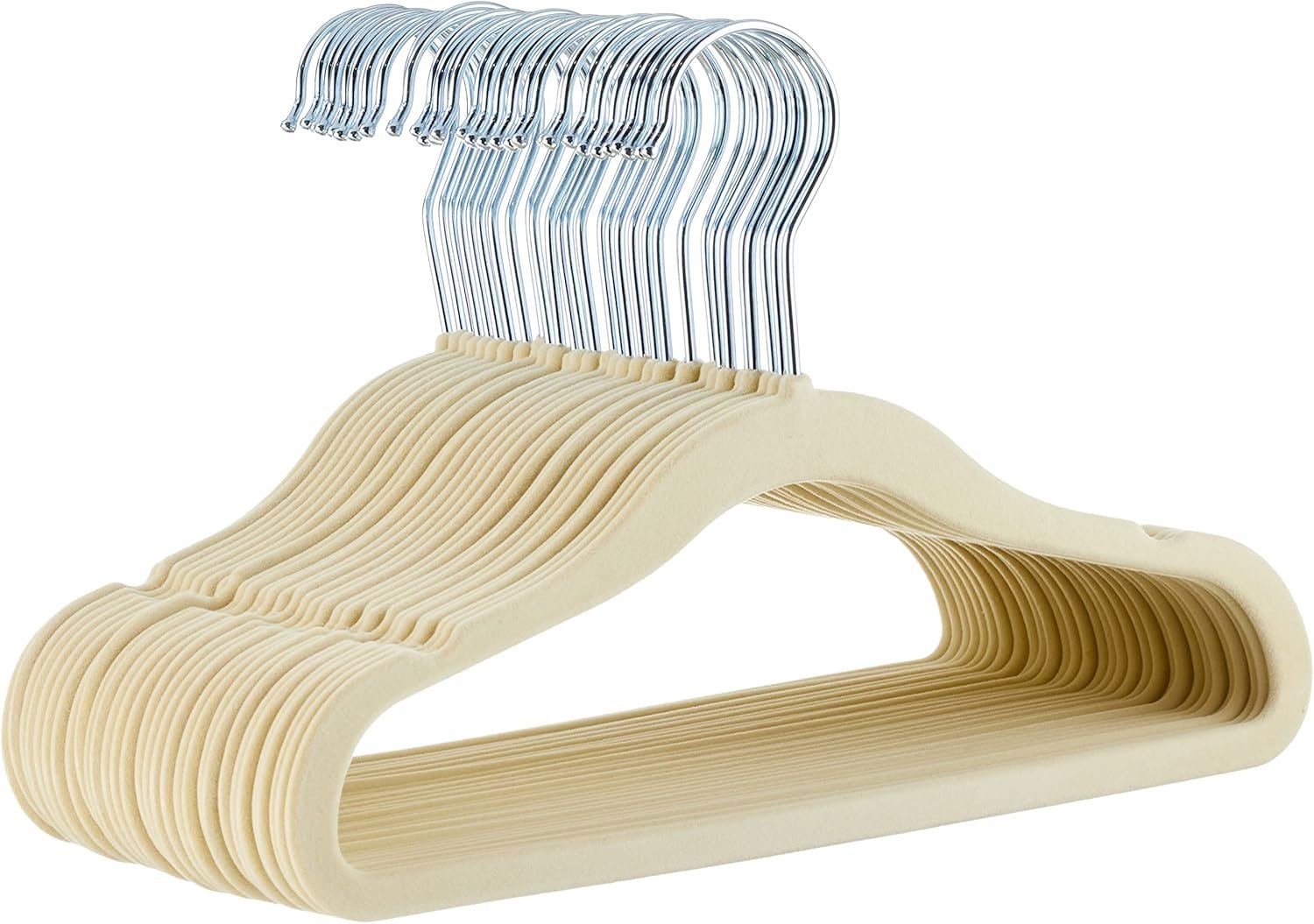 Amazon Basics Kids Space Saving Velvet Non-Slip Clothes Hangers with Shoulder Notches, Sturdy Construction for Closet Organization, 11.6″, Beige, 30-Pack