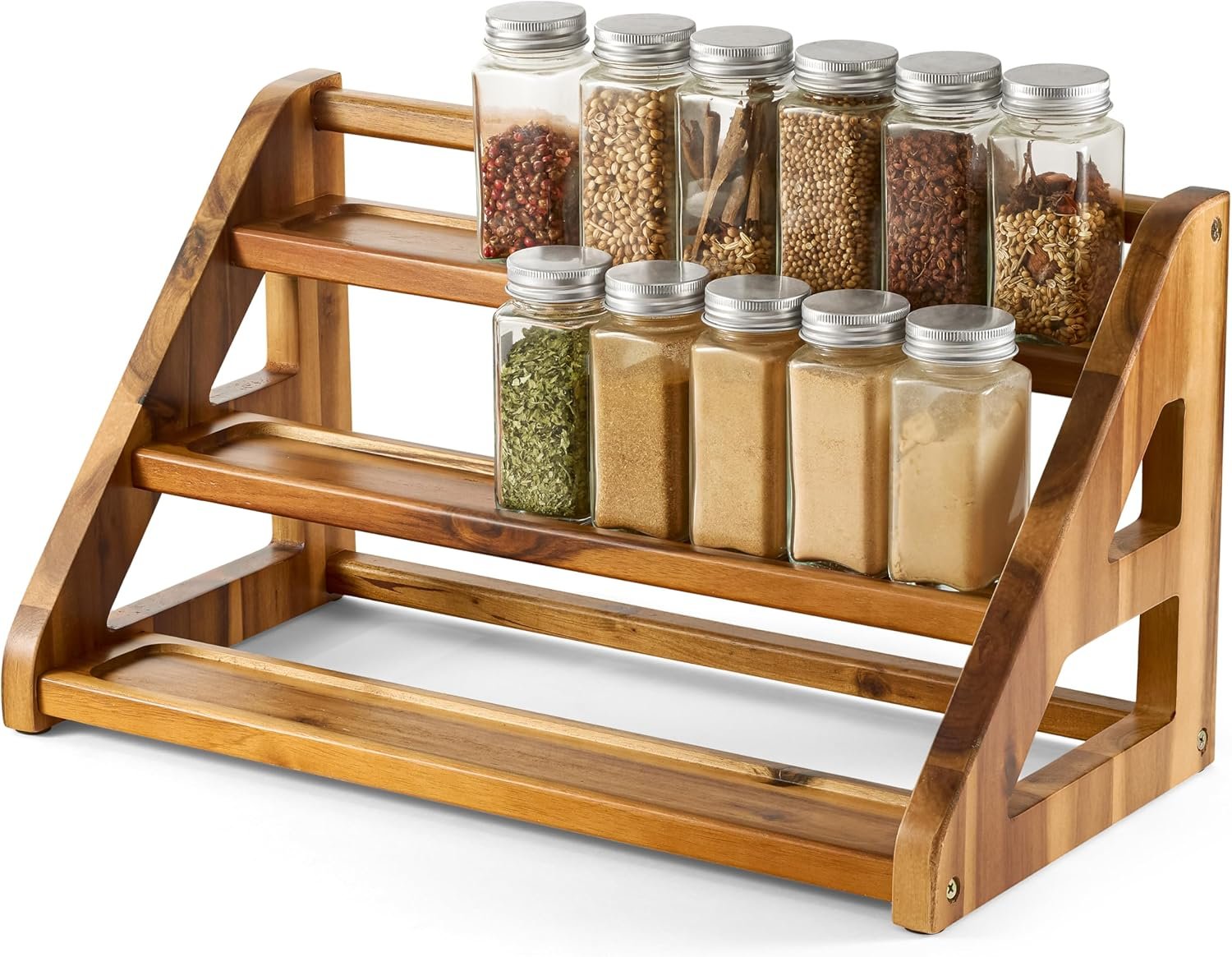 Tinamo Acacia Wood Spice Rack for Countertop – Wooden Tray Holds 24 Jars Spice Racks Organizer for Storage Shelf – 3 Tiered Spice Rack Organizer for Cabinet – Spice Shelf for Kitchen Pantry (Acacia)