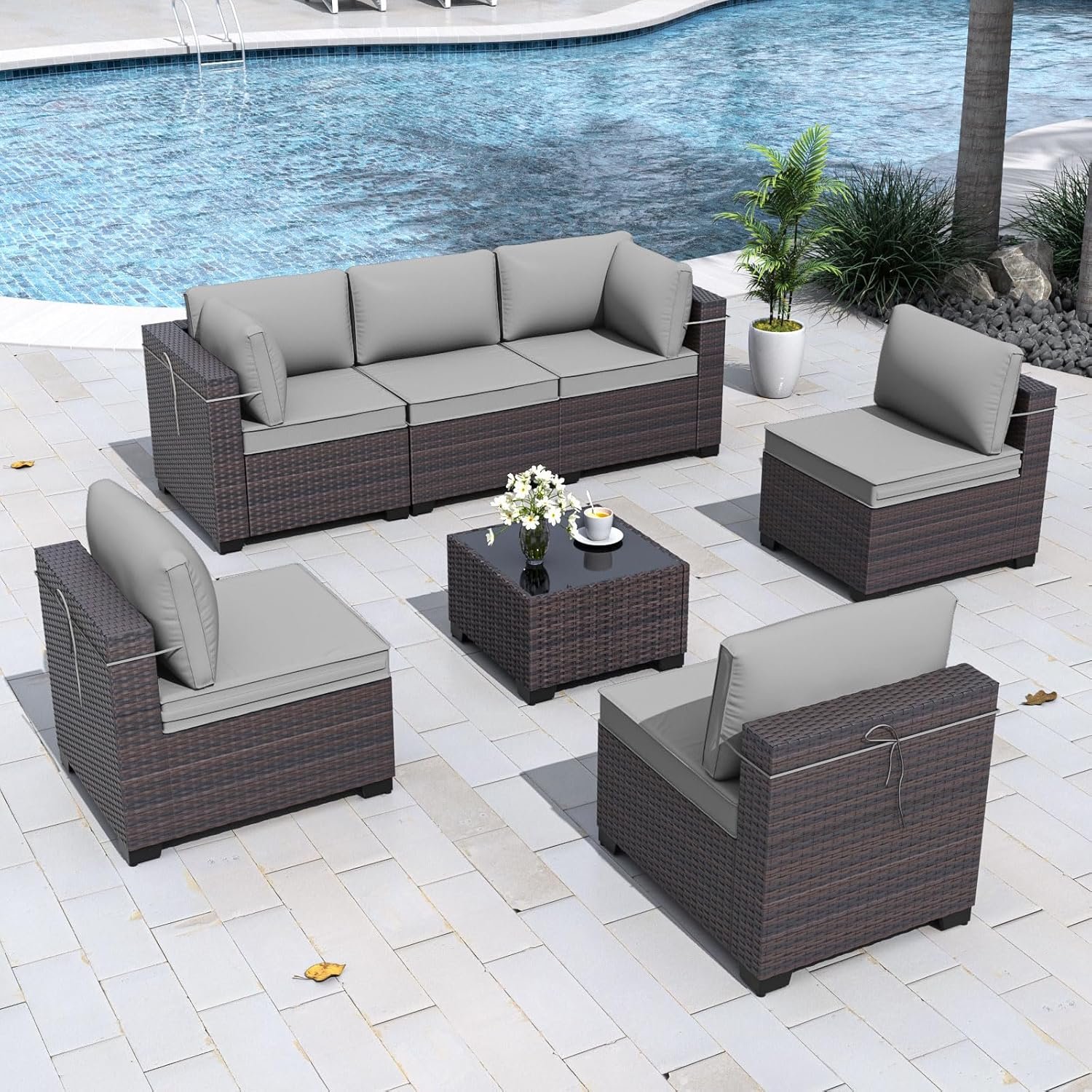 Gotland 7 Pieces Patio Furniture Set with 4’’ Thick Cushions, All-Weather PE Rattan Patio Set with 29.5” High Backrest, Outdoor Furniture with Coffee Table for Porch Deck Garden Grey