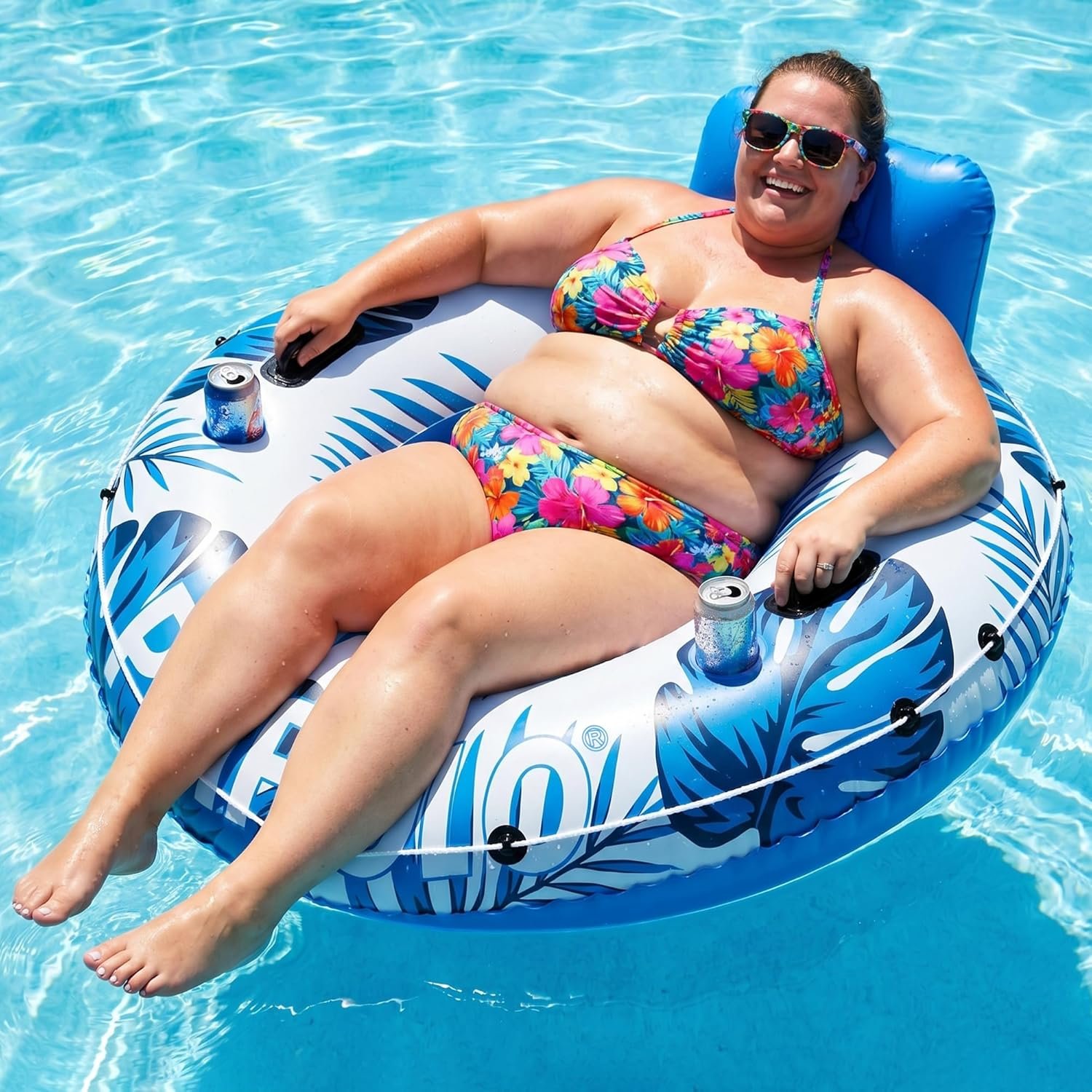 Pool Float Adult, XXL Large Inflatable River Tube Float, 56″ River Tubes for Floating Heavy Duty with Mesh Bottom, Comfortable Backrest & 2 Cup Holders & Durable Grab Handles,500 lbs Weight Capacity