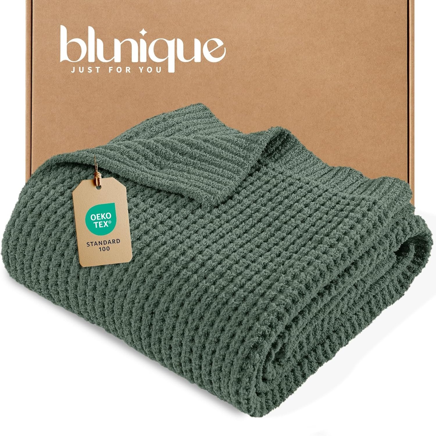 Waffle Knit Throw Blanket, Luxury Cozy Chunky Knit Throw Blanket for Couch, 50 x 60 Inch Thick Ultra-Soft Feather Yarn Knitted Blanket for Sofa, Bed, Home Decor – Sage