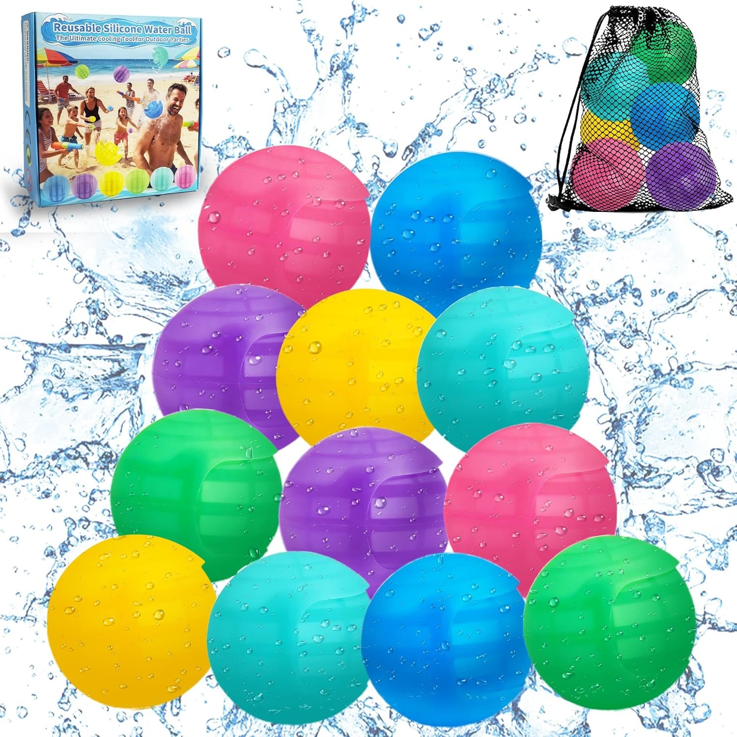 Reusable Water Balloons, Self-Sealing Soft Silicone Refillable Water Balls with Mesh Storage Bag, Pool Games and Beach Toys for Kids Ages 8-12, Summer Outdoor Party Play(12PCS)