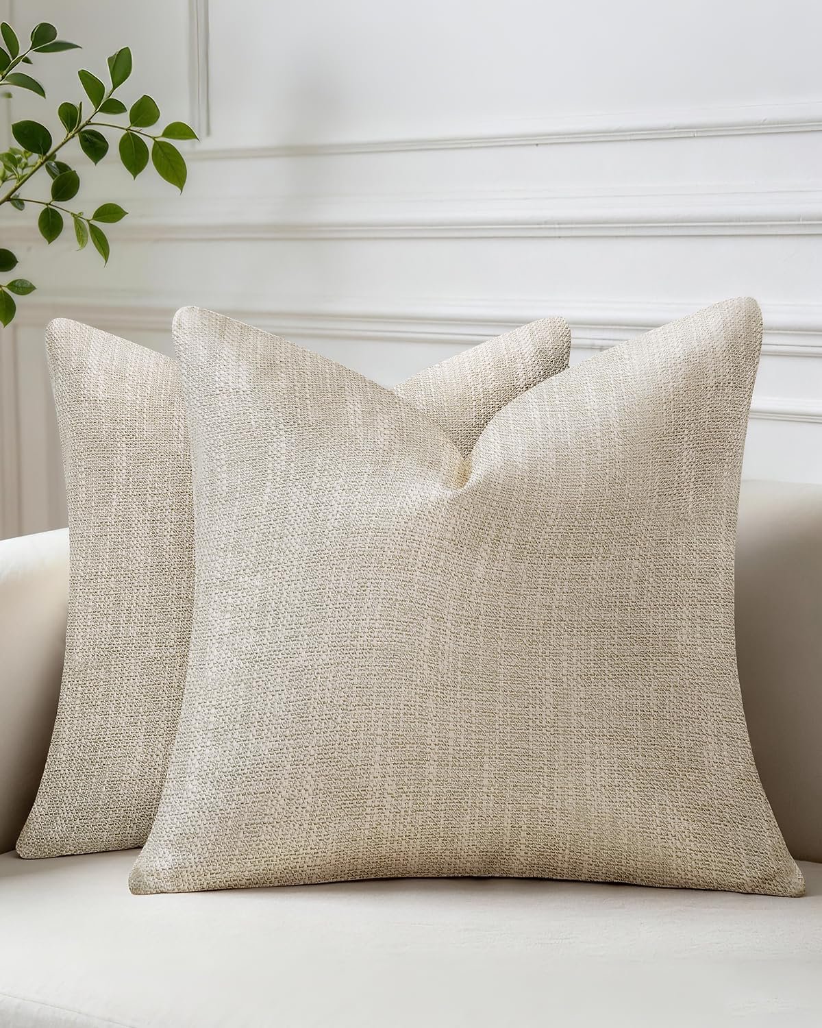 Throw Pillow Covers 18×18 Inch Set of 2, Linen-Look Decorative Cushion Covers, Farmhouse Boho Modern Pillowcases for Sofa, Couch, Bed, Neutral Beige, Housewarming & Seasonal Refresh