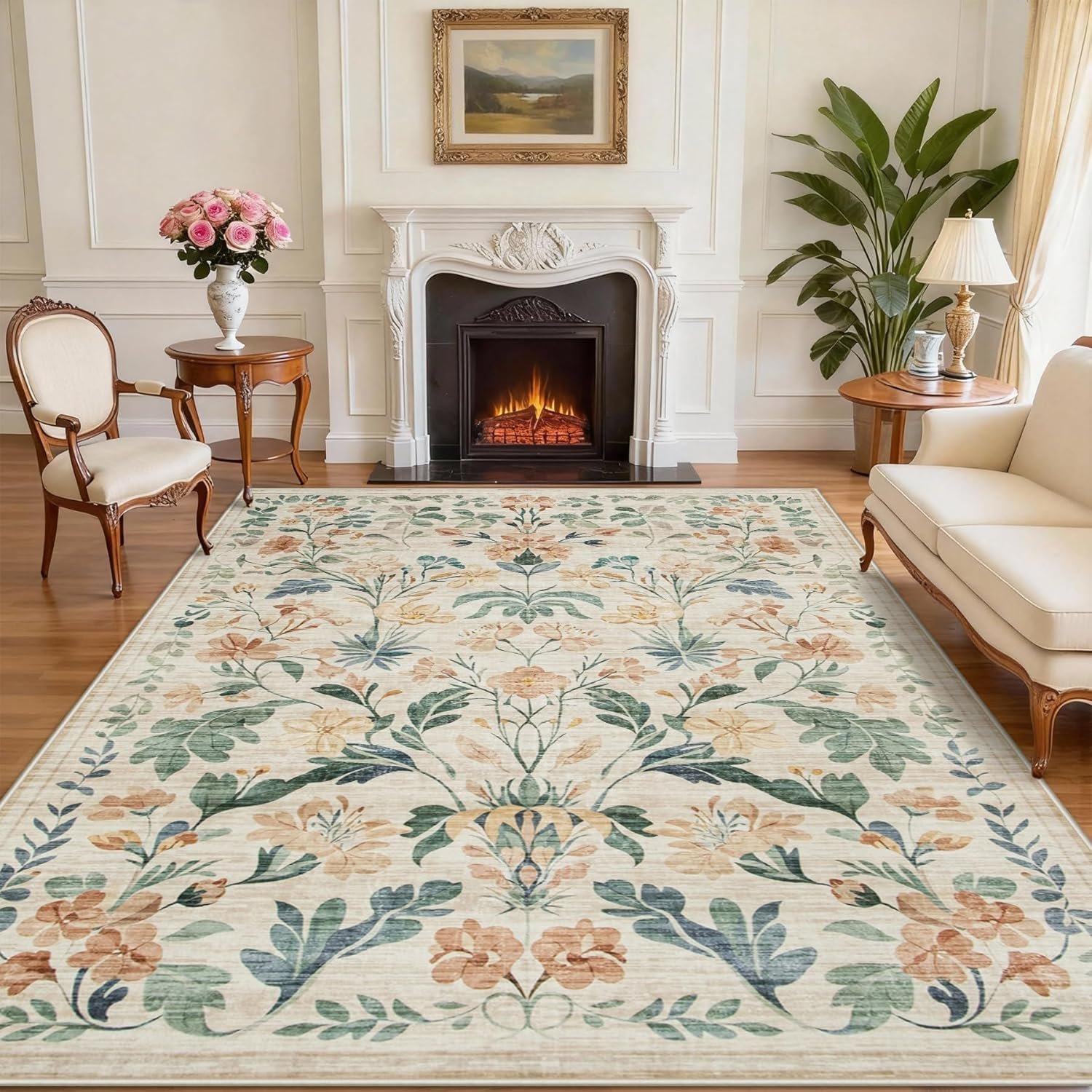 8×10 Area Rugs Washable Rug: Large Boho Living Room Rug Soft Non-Slip Low Pile Carpet Indoor Floor Non-Shedding Neutral Floral Carpets for Bedroom Dining Room Farmhouse Nursery Beige