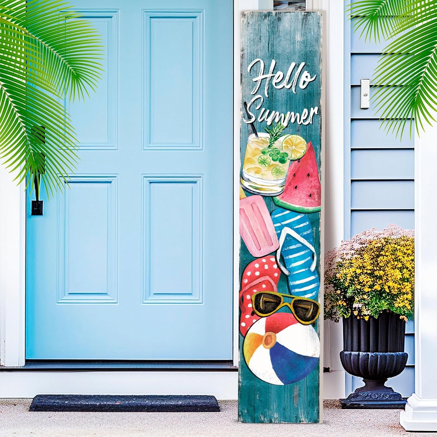 Hello Summer Porch Sign Wooden Welcome Standing Sign for Front Porch Farmhouse Vertical Summer Board Rustic Watermelon Sunglasses Door Decor for Home Outdoor Patio Yard Decoration 47″ H
