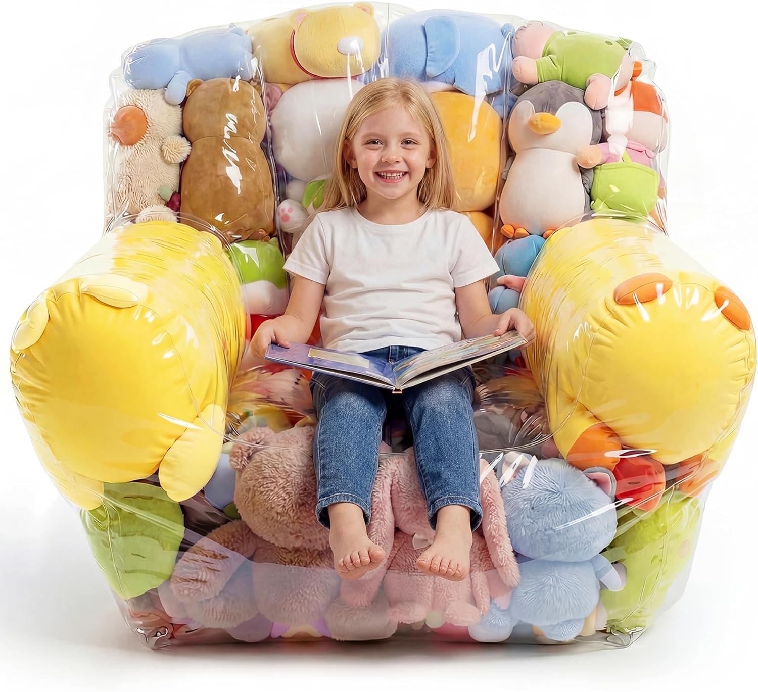 NTYNTY Clear Stuffed Animal Storage Chair, 37.8″ x 37.4″, 0.35mm Thick PVC, 330lbs Load, Waterproof Transparent Plush Storage Chair for Kids & Adults