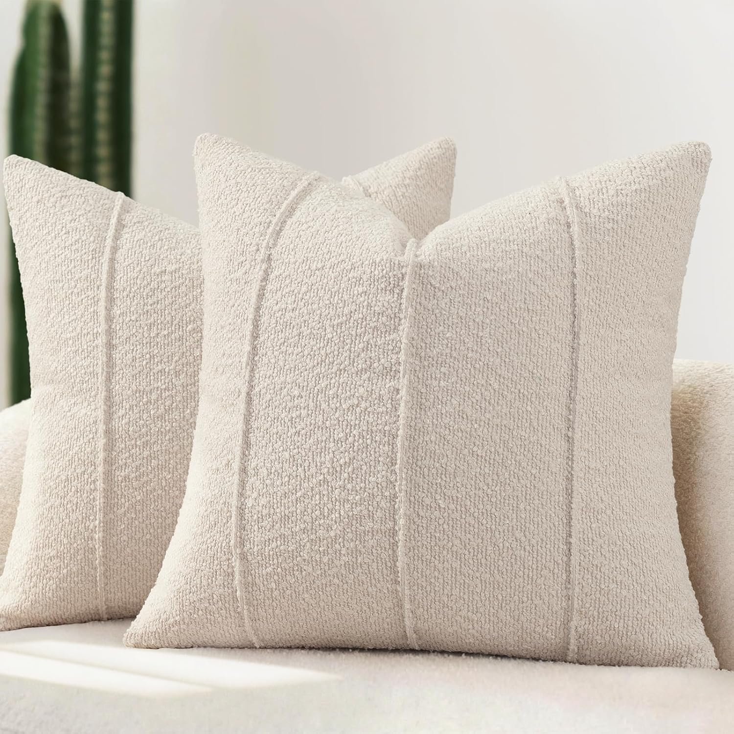 YCOLL Textured Boucle Throw Pillow Covers 24×24 Pack of 2 – Soft Neutral Striped Cushion Covers, Cozy Accent Decorative Pillow Covers for Couch, Sofa, Bed, Living Room (Beige)