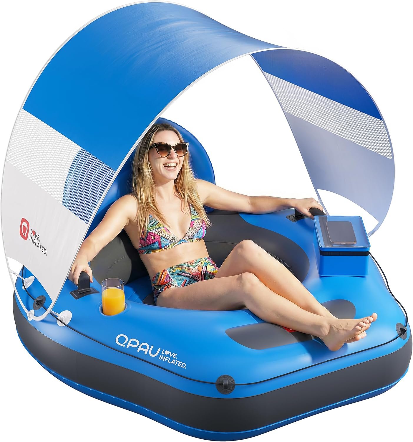QPAU 46″ Inflatable River Tube with Removable Sun Shade Canopy, Heavy-Duty Floating Tube for Adults, Ergonomic Legrest & Backrest, Waterproof Bag & Cup Holders, Ideal for Rivers, Lakes, Pools