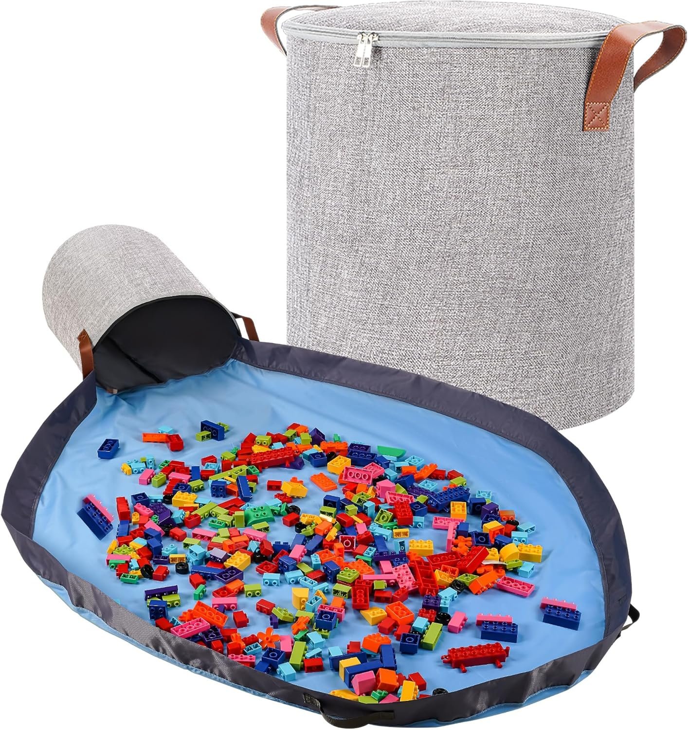 SAM AND MABEL XXL Toy Storage Organizer with Play Mat – 15″ x 15″ x 16″ Storage Bin for Kids Playroom, Foldable Fabric Bag and Basket for Nursery (Gray)