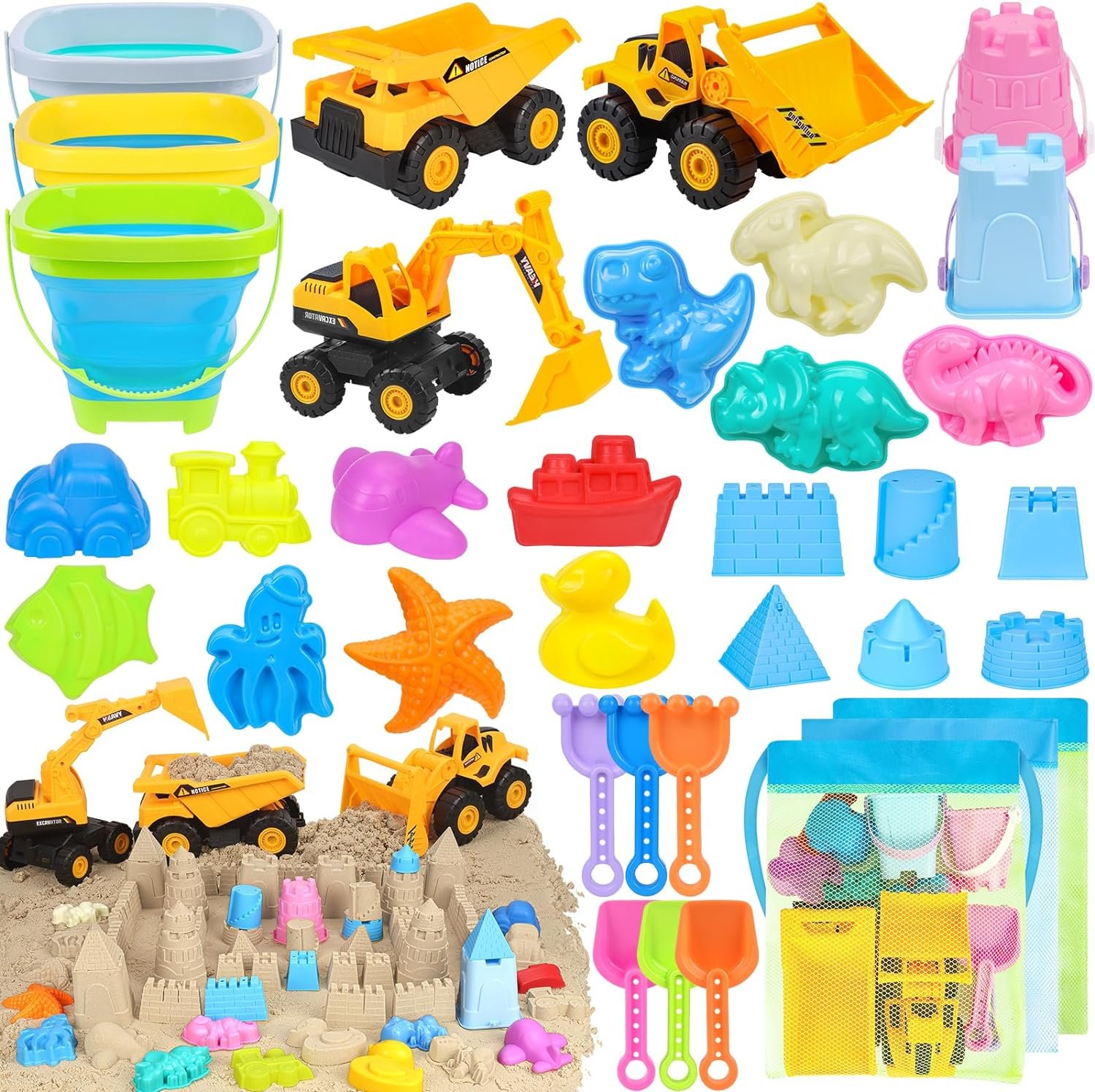 FHOZGECY Beach Sand Toys, 3 Construction Vehicles, 3 Collapsible Buckets, Sand Castle Molds with Travel Mesh Bags, Sandbox Play Set for Kids Ages 3-12, Multi‑Scene Play for Outdoor Summer Beach Games