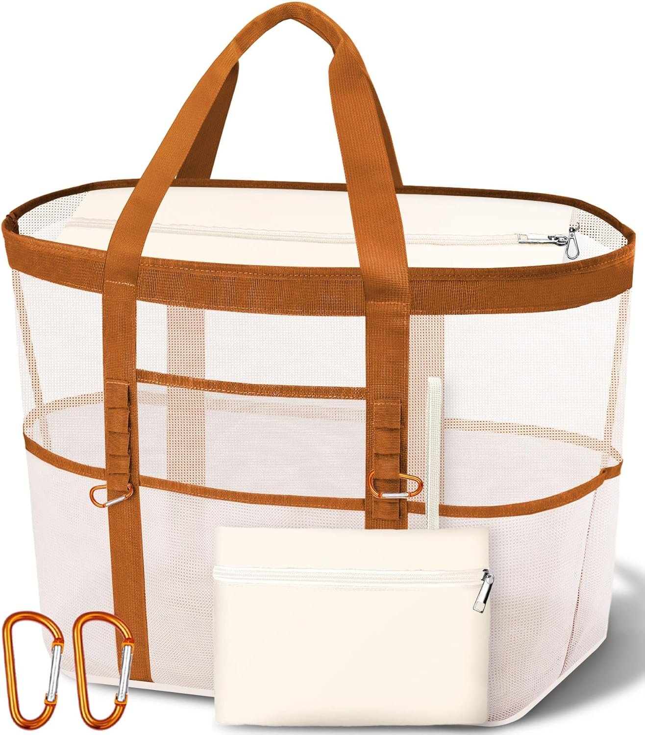 2026 Stylish & Spacious XX-Large Beach Bag for Women – Mesh × Canvas Tote with Top Zipper, 11 Tall Pockets | 40L+ Spacious