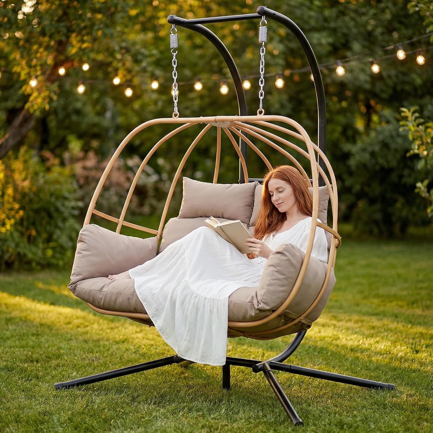 Double Egg Chair Outdoor, Egg Swing Chair with Stand, Hanging Swing Chair Outdoor with Cushions/Headrest, 80″ H Hanging Chairs with Stand Indoor, Metal Basket Swing Egg Chairs for Deck, Brown