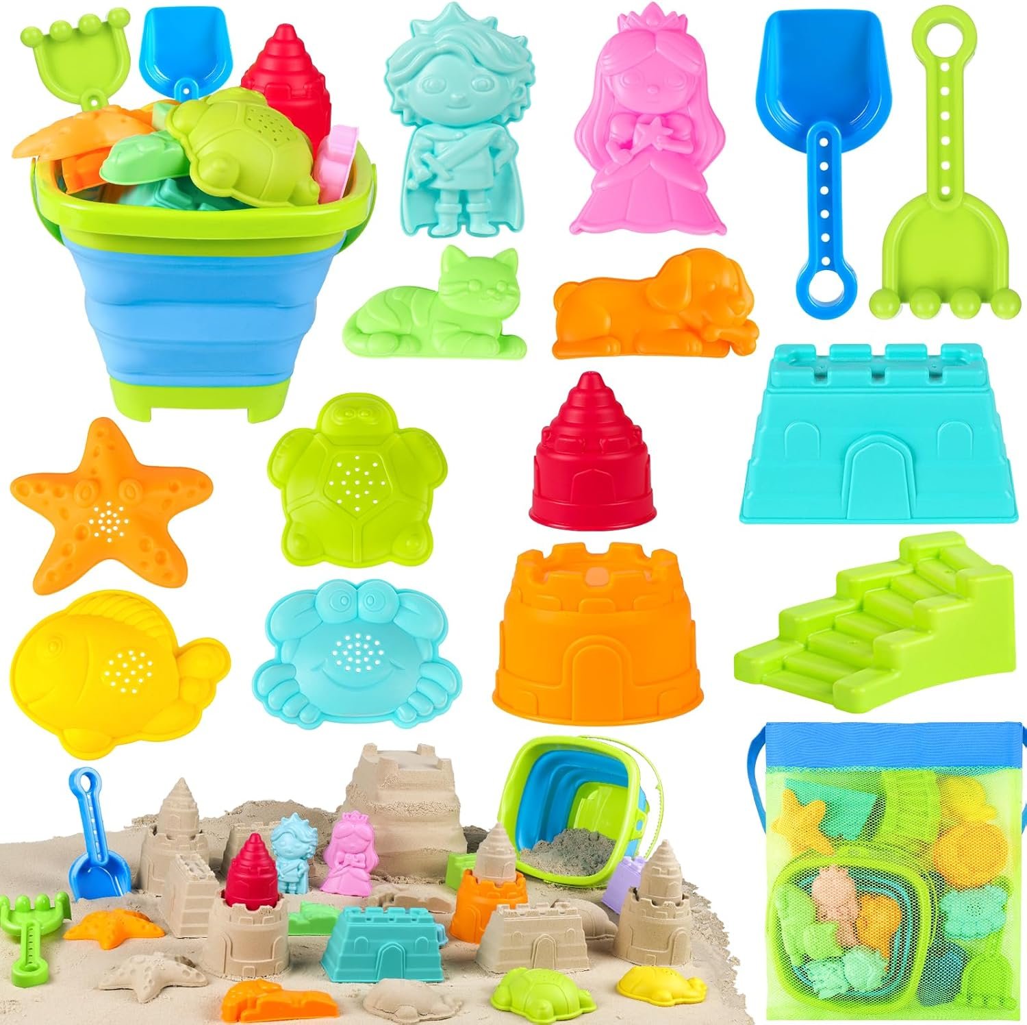 Collapsible Beach Toys for Kids Toddlers, Foldable Sand Bucket and Shovels Set with Mesh Bag & Sand Castle Building Kit, Travel Sand Toys for Beach Essentials, Sandbox Toys for Baby Kids Age 3-10
