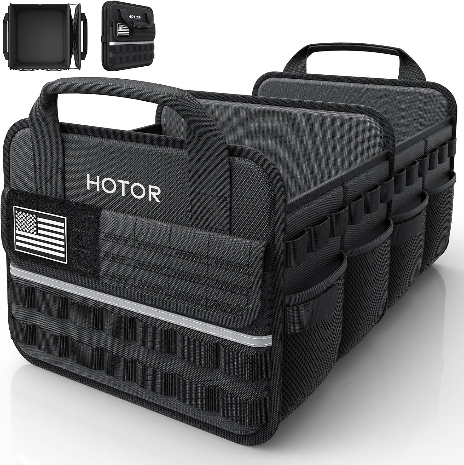 HOTOR Tactical Car Trunk Organizer – Foldable Trunk Organizer for SUV with Front MOLLE Pocket & Reflective Strips, Essential Car Accessories for Tools & Outdoor Storage, 12.8″ x 21.7″ x 11.0″, Black