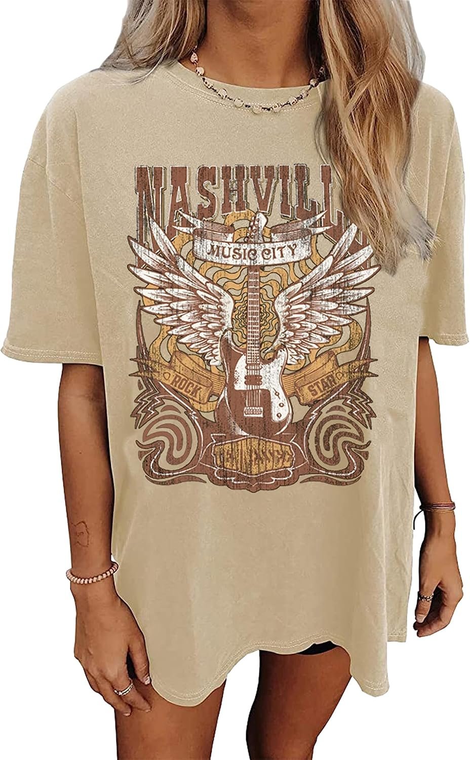 Oversized Nashville Music City T-Shirt Women Oversized Shirts Rock Band Tshirt Vintage Guitar Wings Graphic Tees