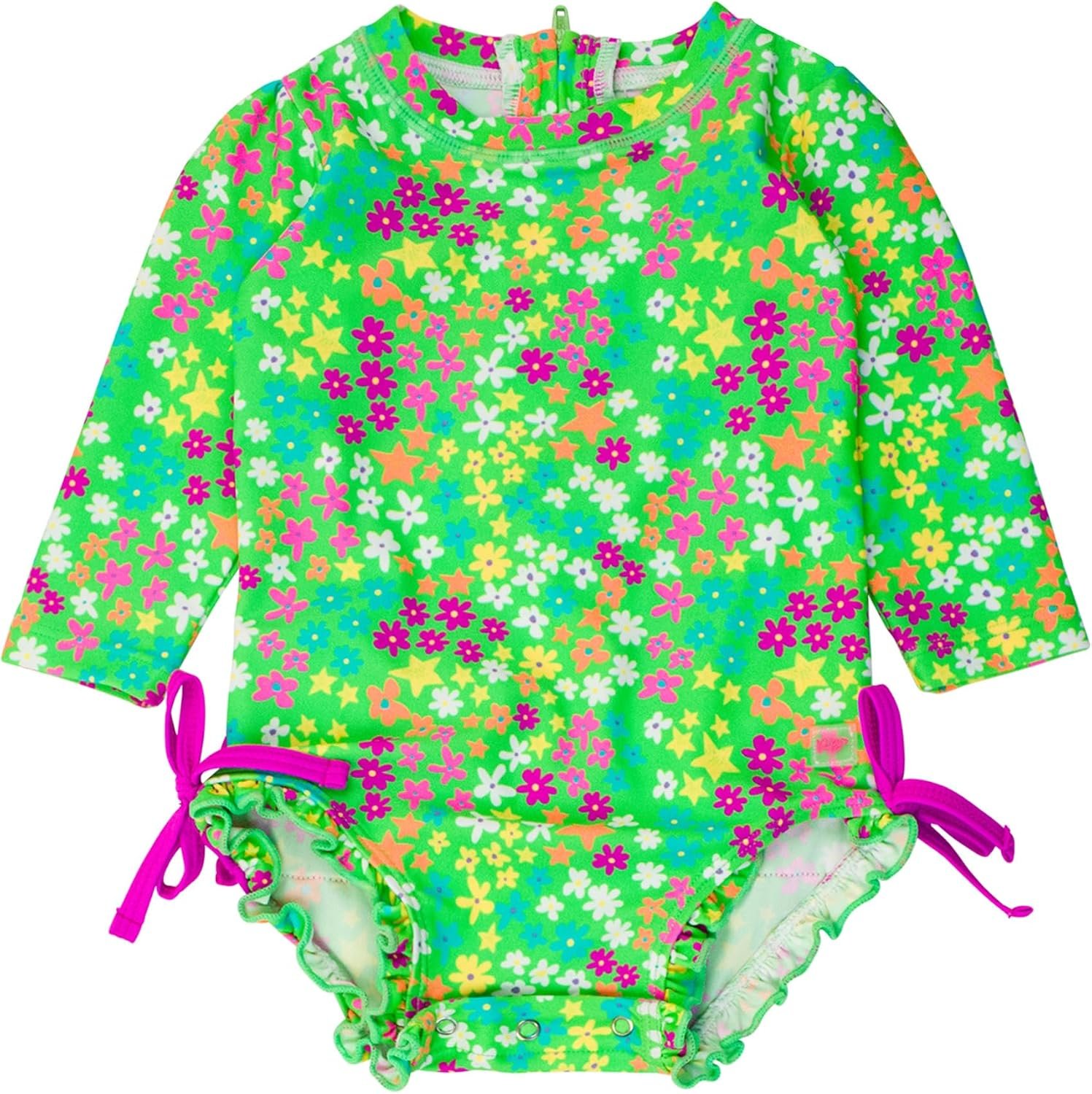 RuffleButts Baby Girls UPF 50+ Sun Protection Floral Printed Long Sleeve One Piece Rash Guard Swimsuit with Zipper