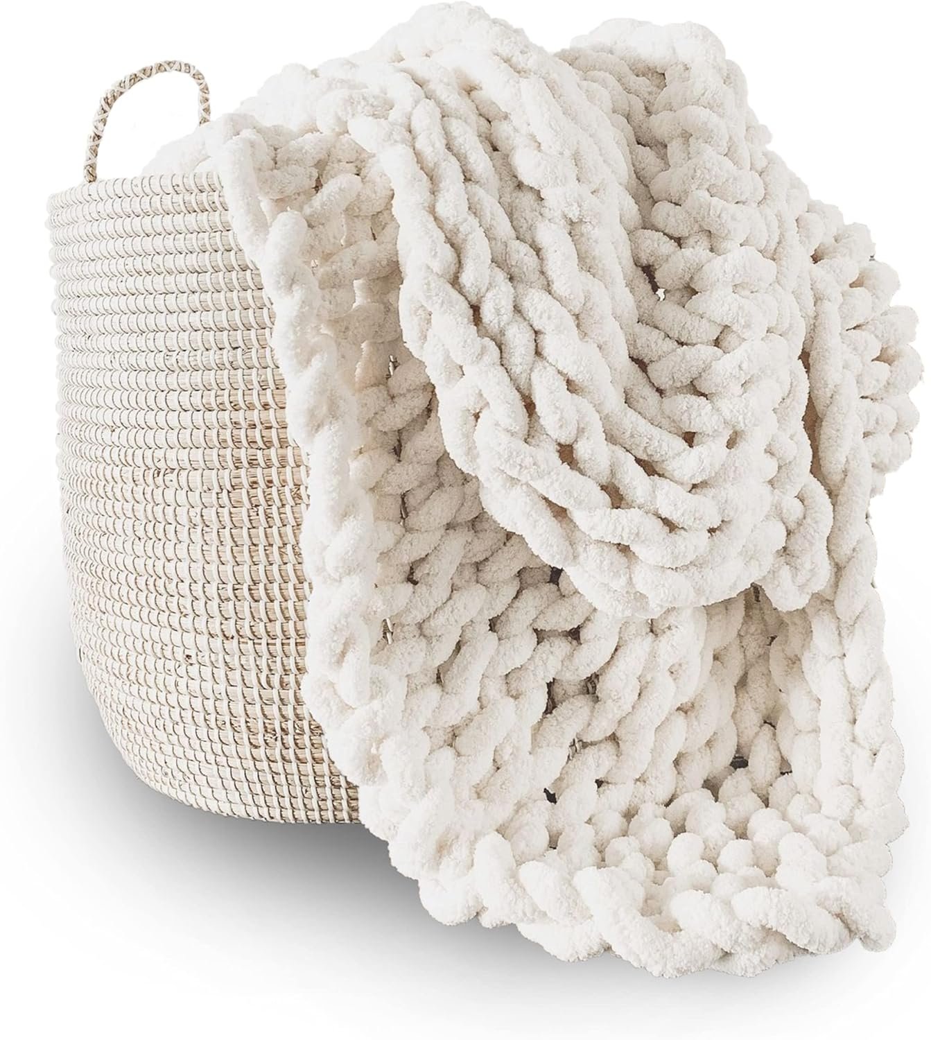 Adyrescia Chunky Knit Blanket Throw | 100% Hand Knit with Jumbo Chenille Yarn (60″x80″, Cream White)