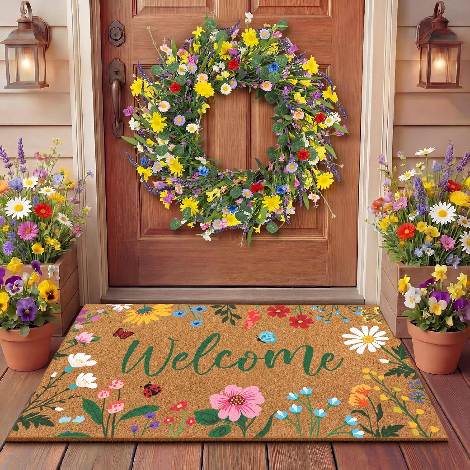 Tingjoo 2 Pcs Summer Floral Door Mat and Wreaths for Front Door Outdoor Wildflower Welcome Coir Doormats Flower Wreaths and Rugs Set Summer Decorations for Front Porch Entryway Outside Decor