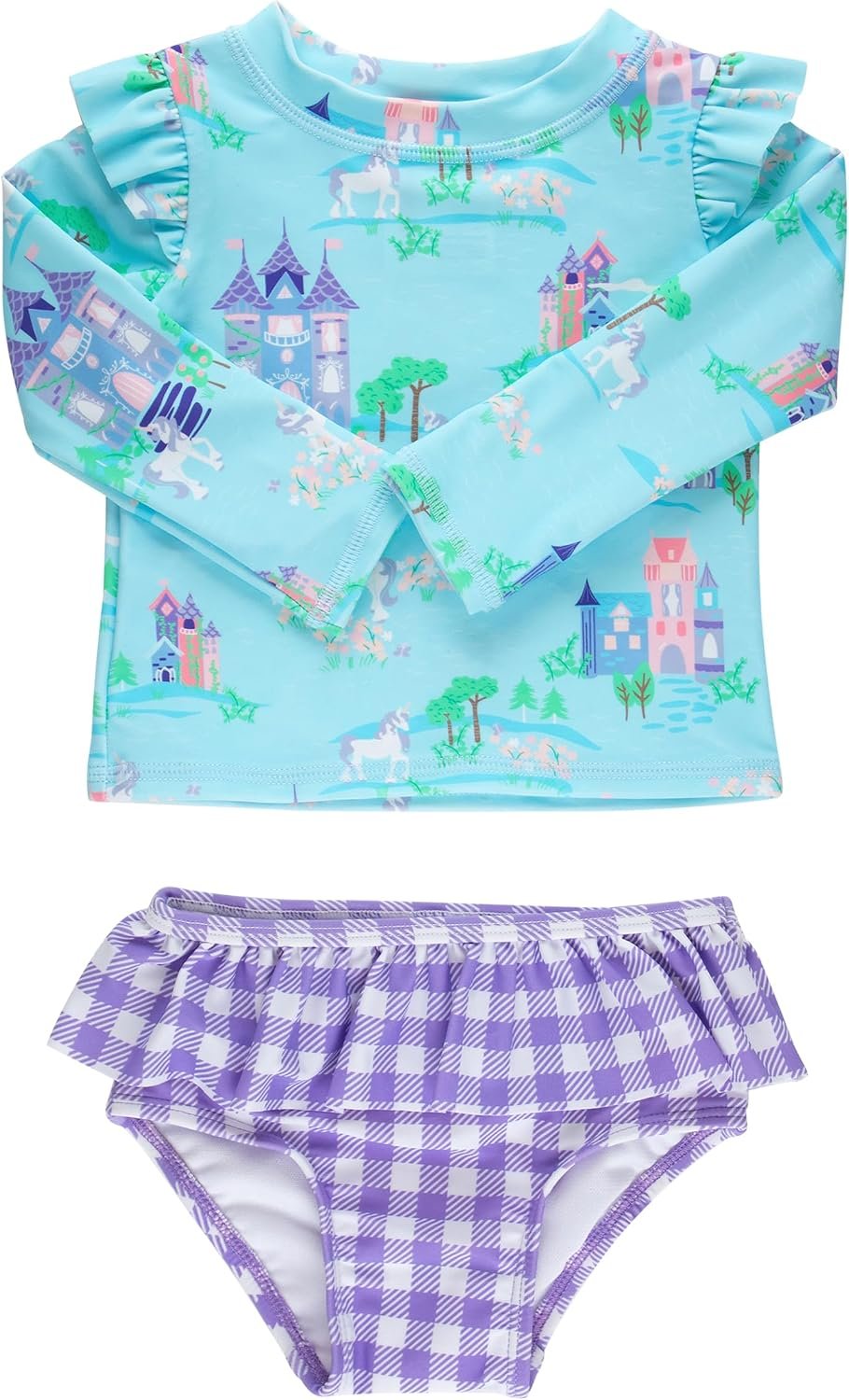 RuffleButts Baby Girls Modern Skirted Rash Guard Bikini – UPF 50+ Sun Protection Swimsuit