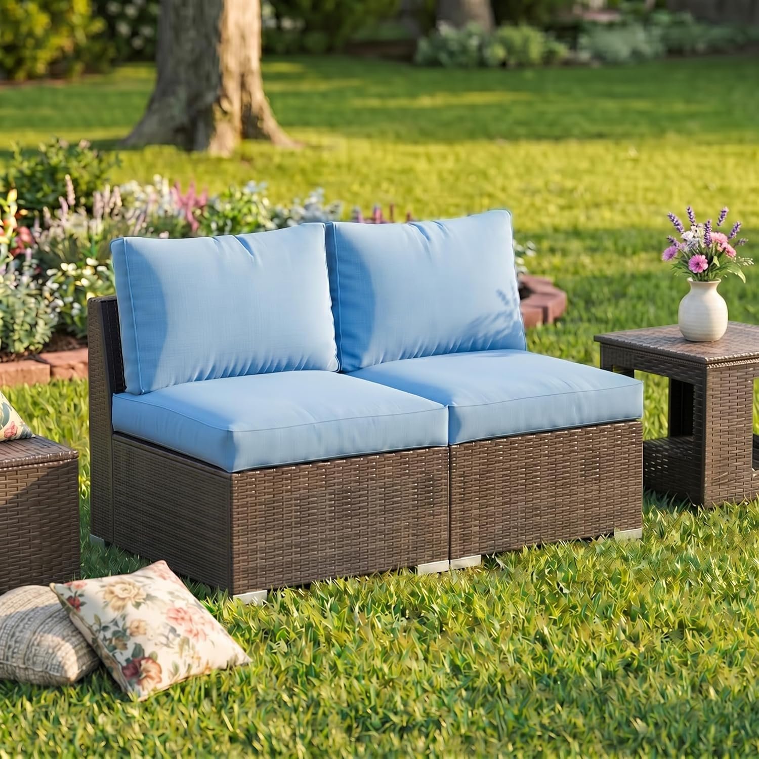 Wisteria Lane Patio Furniture Set, 2 Pieces Armless Wicker Outdoor Furniture Patio Couch with Washable Cushions, Oversized Outdoor Sectional for Garden, Poolside, Backyard, Navy