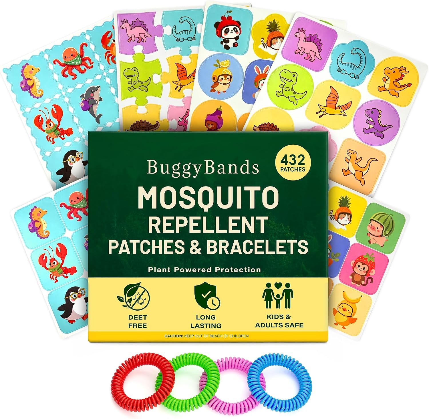 BuggyBands Mosquito Repellent Stickers for Kids (432 Patches) + 4 Mosquito Bands – Upgraded PU Waterproof Bug Stickers, DEET-Free Natural Essential Oil – Fun Dino & Ocean Designs for Family Outdoor