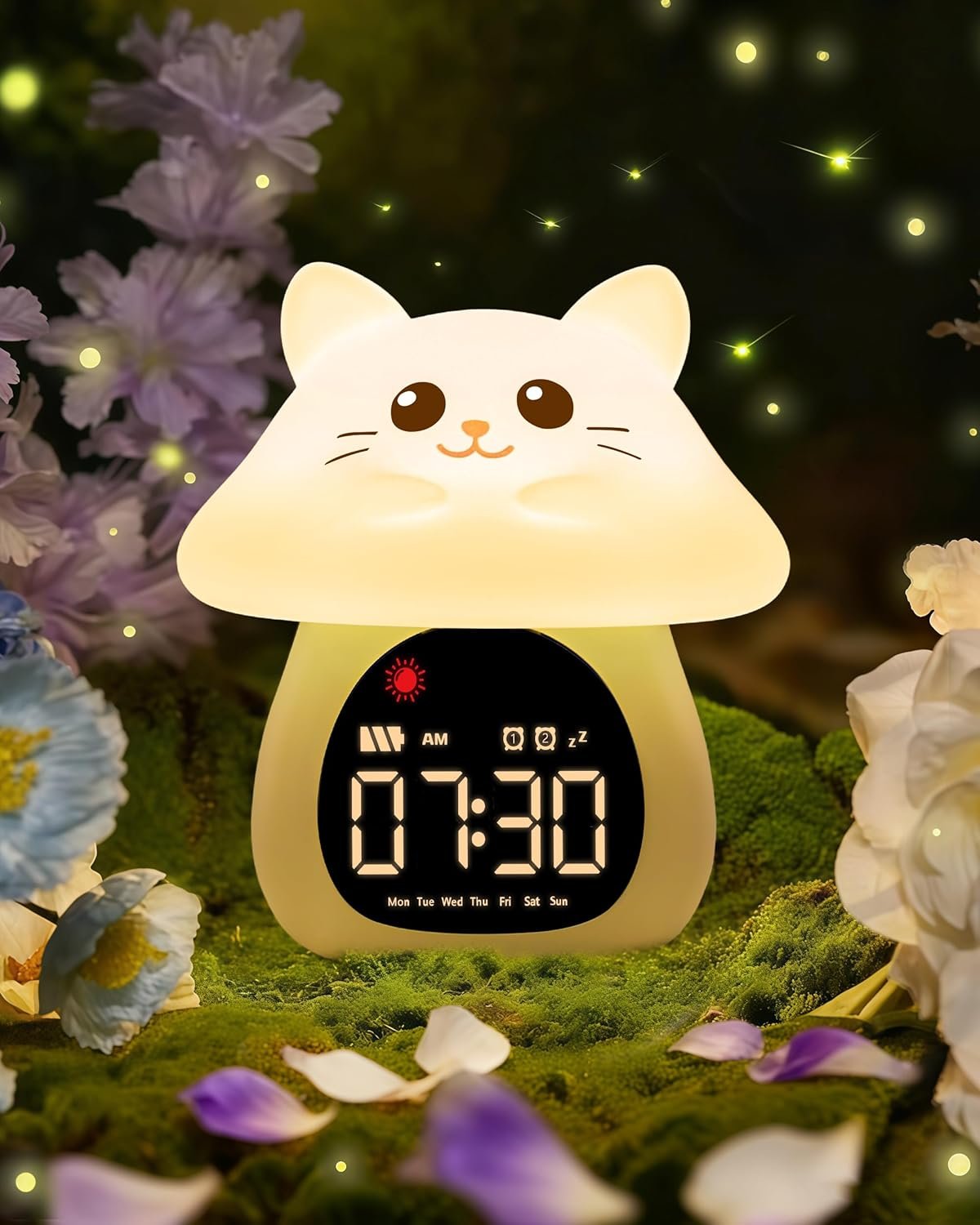 Yiliaw Sleep Training Alarm Clock with Night Light for Kids – Ok to Wake Clock with Dual Alarms, Night Light & RGB Colors, 6 Alarm Tones & White Noise, Rechargeable Clock for Boys & Girls, Cat