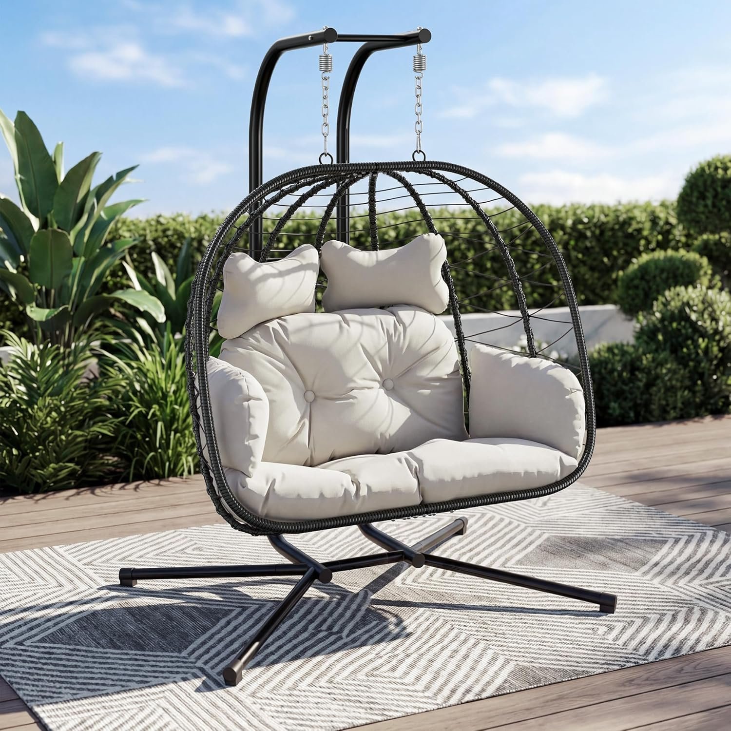 Bifanuo Double Hanging Egg Chair with Stand, Outdoor Indoor Swing Chair with Removable Cushion for 2 Person, Heavy Duty 700LBS Capacity for Patio, Bedroom, Garden (Black-Beige)