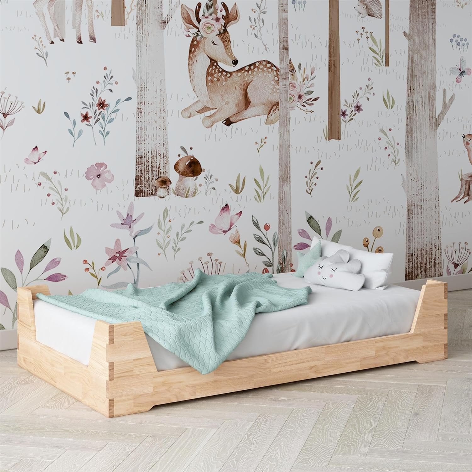 Little Seeds Maverick Montessori Toddler Floor Bed with 2 Heights, Natural Wood Grain