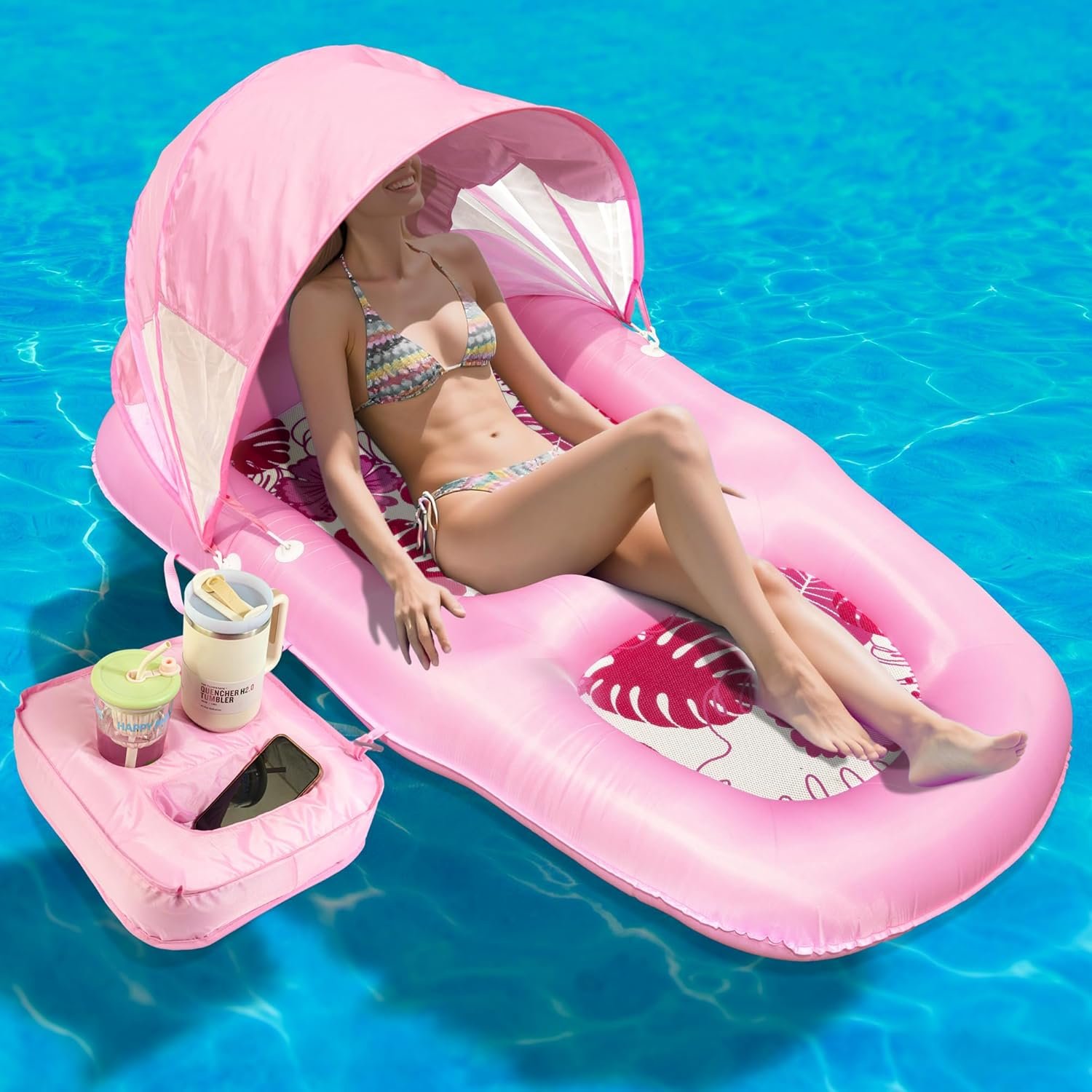 Fabric Covered Inflatable Pool Lounger Float Adult, 70″x39″ Extra Large Pool Float w/ UPF50+ Sunshade Canopy & Cupholder Caddy, Water Floaties Raft Recliner Chair for Pool Party Lake Beach