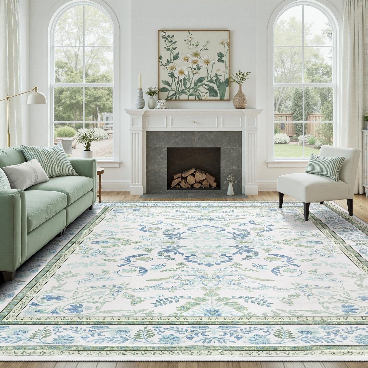 DCX Green 8×10 Rug, Kid & Pet Friendly with Rubber Back Non Slip, Machine Washable Stain Resistant Botanical Floral Rug for Living Room, Bedroom, Soft Low Pile Large Nursery Carpet