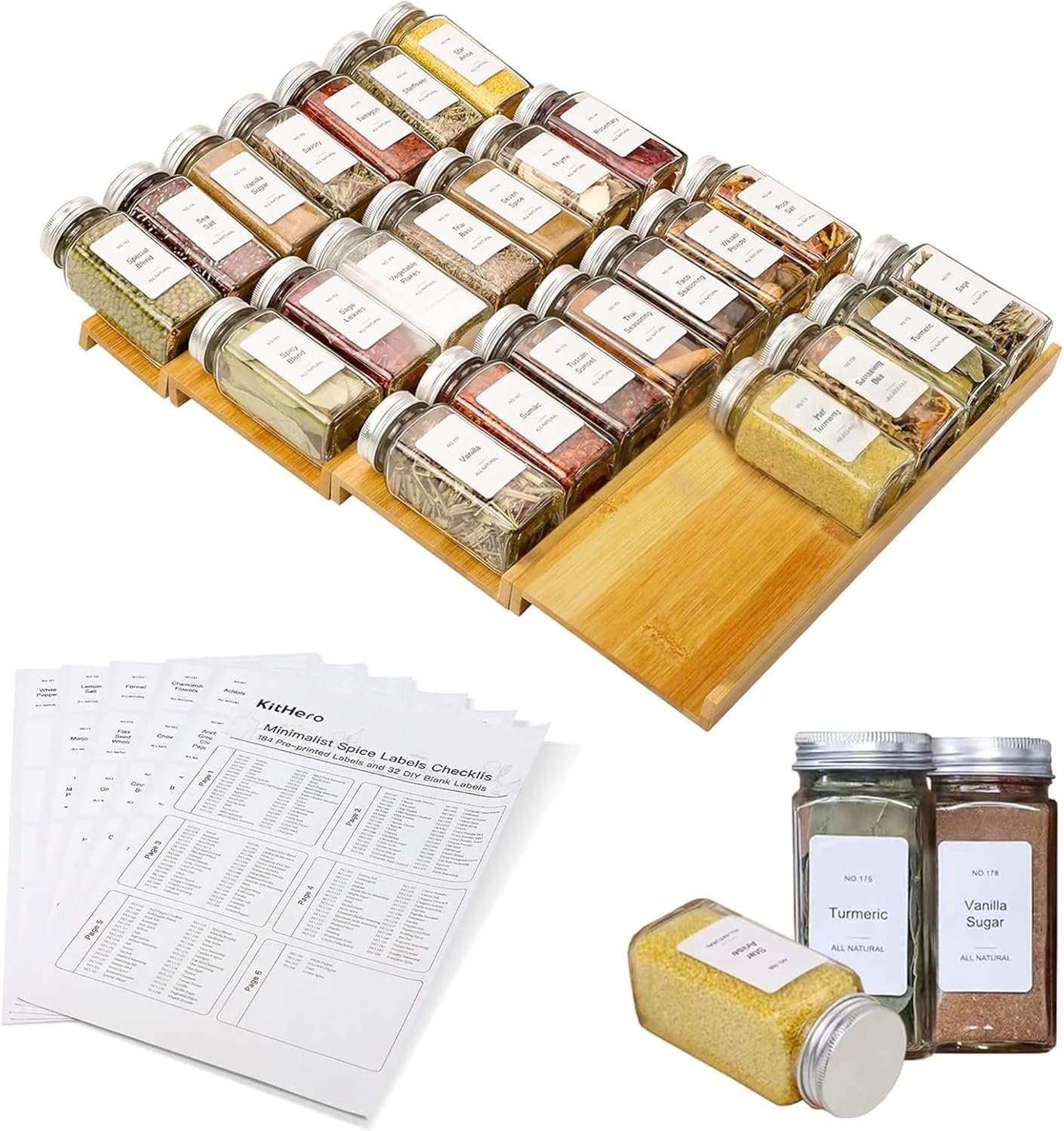 Spice Drawer Organizer with 28 Spice Jars and 216 Labels,Non-slip Rubber, Bamboo 4 Tier Spice Racks Tray Seasoning Containers for Kitchen Drawers,Cabinets,Countertops,13″ Wide * 15.8″ Deep
