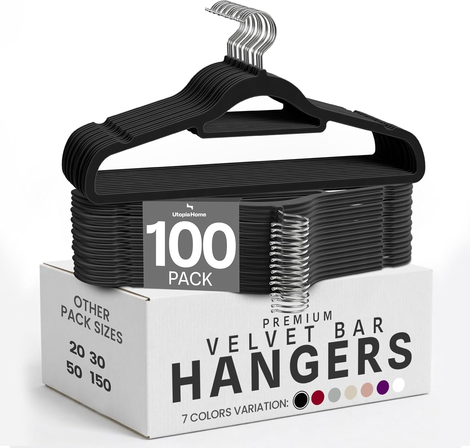 Utopia Home Velvet Hangers 100 Pack – Premium Non-Slip Slim Clothes & Coat Hangers with Tie Bar, Space-Saving Heavy Duty Design, 360° Swivel Hook – Black