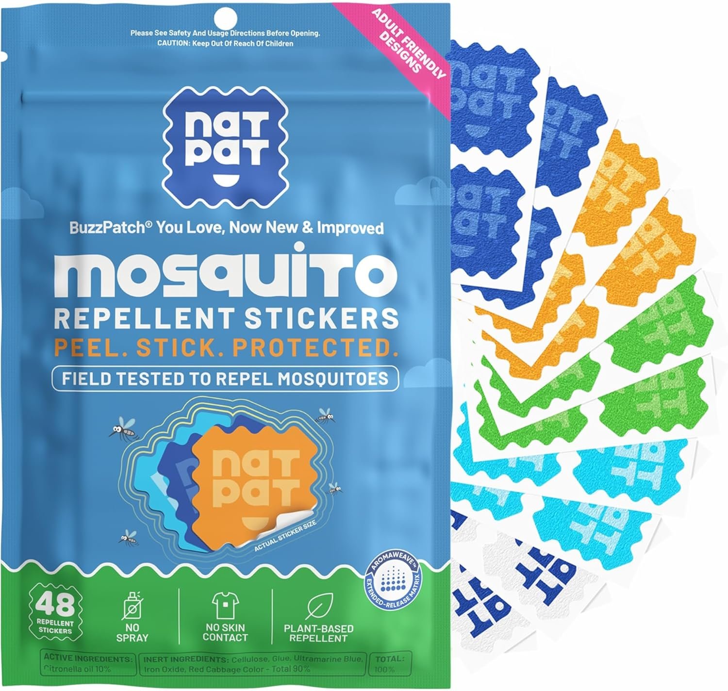 NATPAT BuzzPatch Mosquito Patches for Adults – Plant-Based Mosquito Patches, Non Toxic – The Original All Natural Citronella Essential Oil Insect Patch(48 Pack)