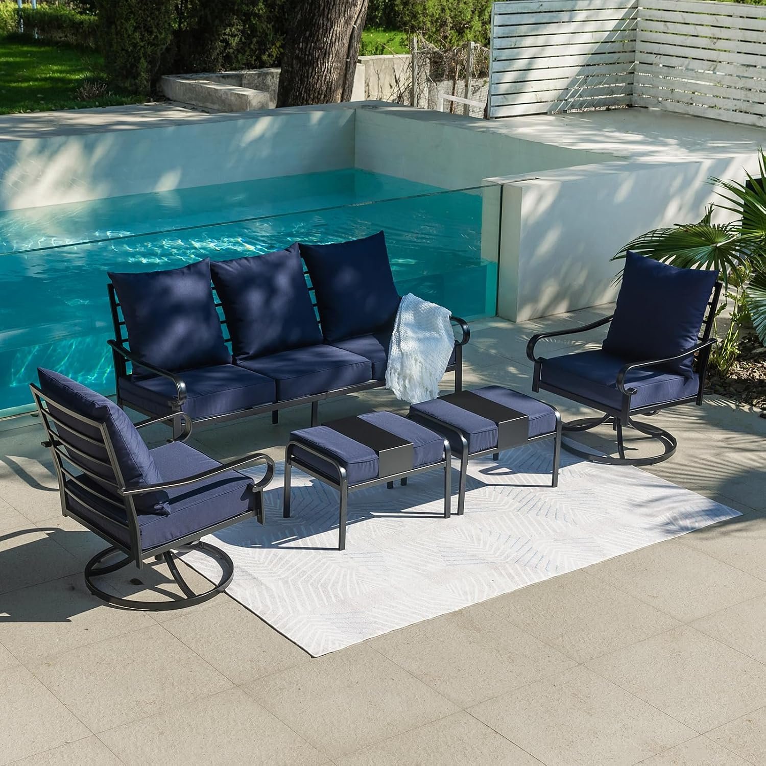 5 Piece Patio Furniture Set, Metal Patio Conversation Set with 1×3 Seater Sofa & 2xSwivel Chairs & 2xOttomans, Outdoor Furniture with 5.75” Thick Cushion for Lawn Garden Backyard, Navy Blue
